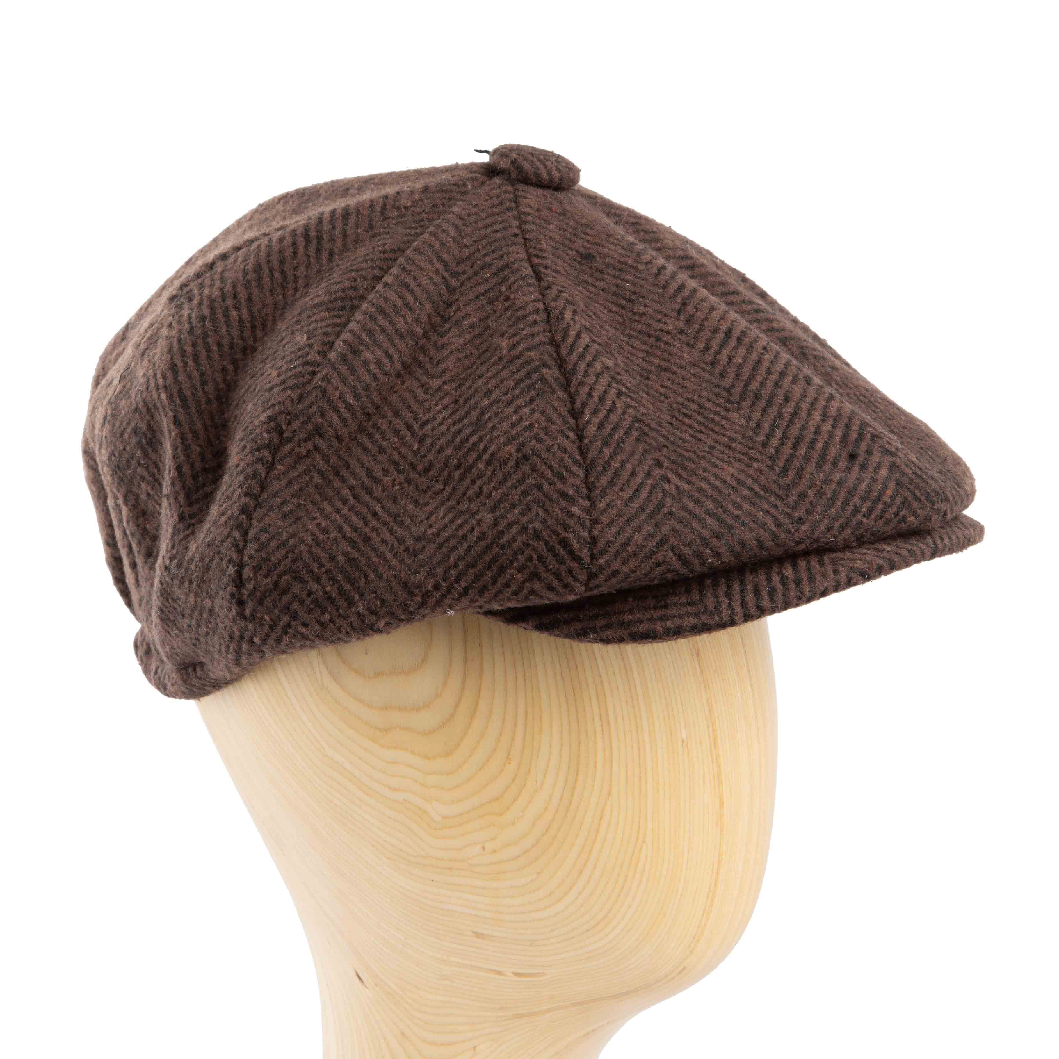 Brown herringbone newsboy cap - classic unisex style with textured weave.