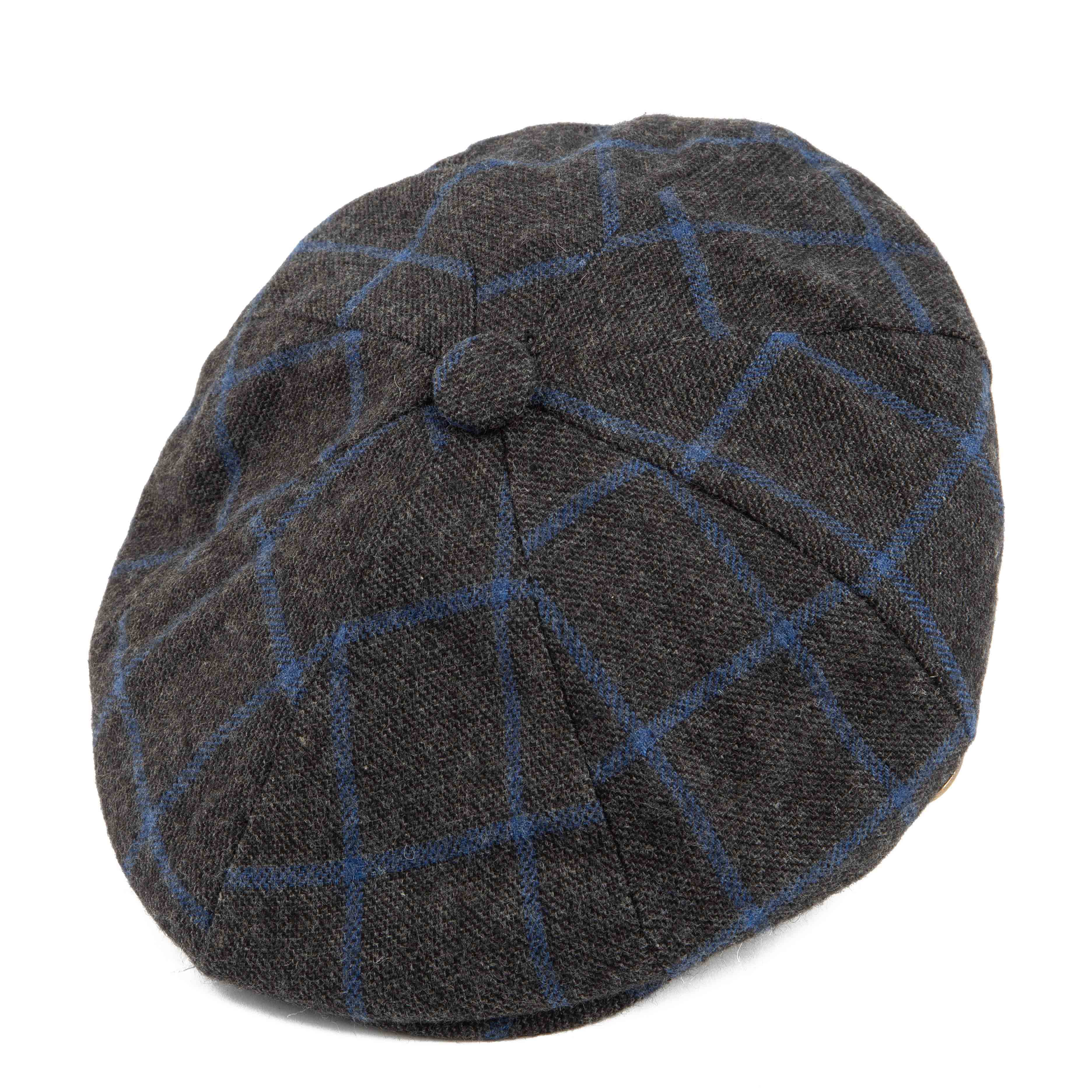 Dark grey newsboy cap with blue windowpane check - classic unisex style.