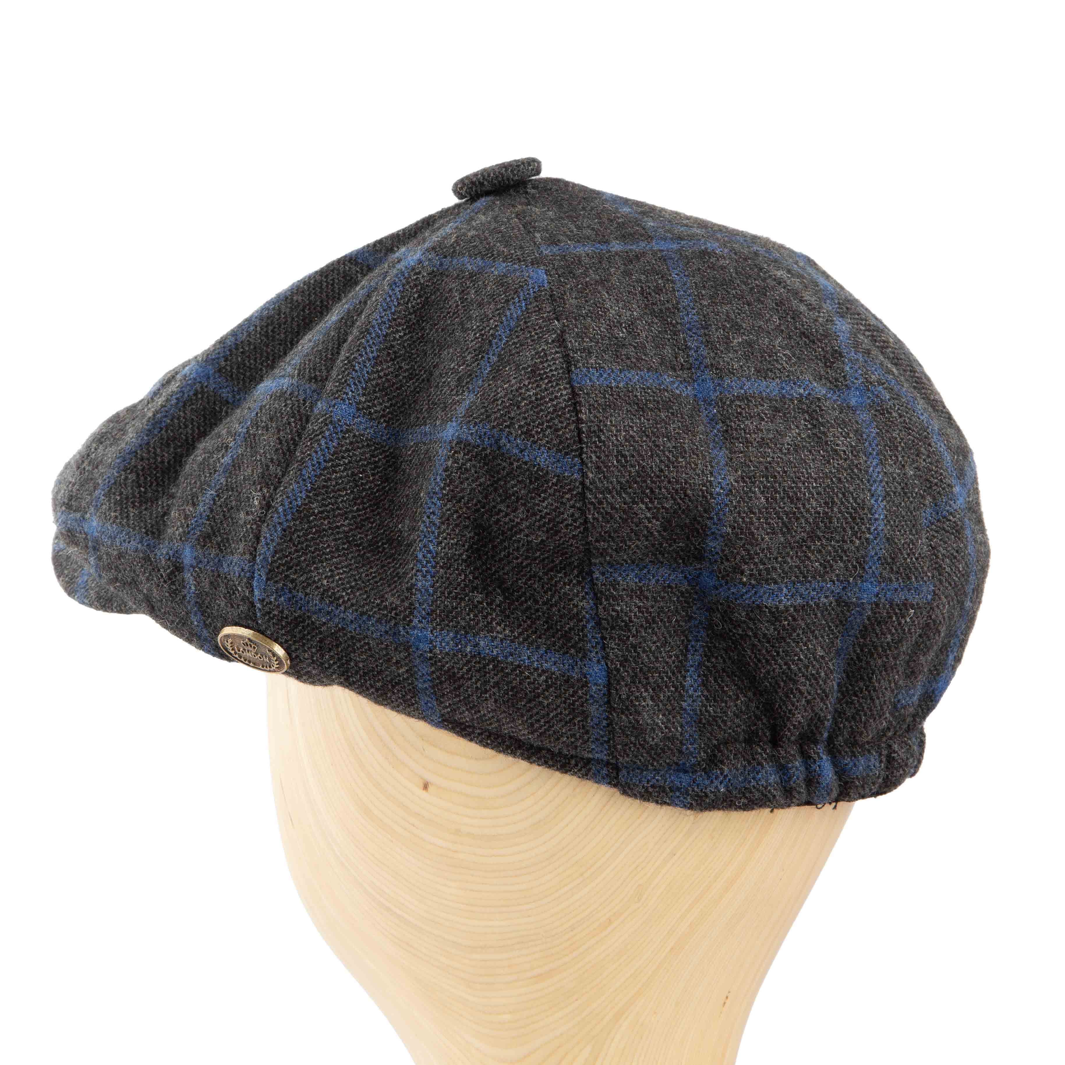 Dark grey newsboy cap with blue windowpane check - classic unisex style.