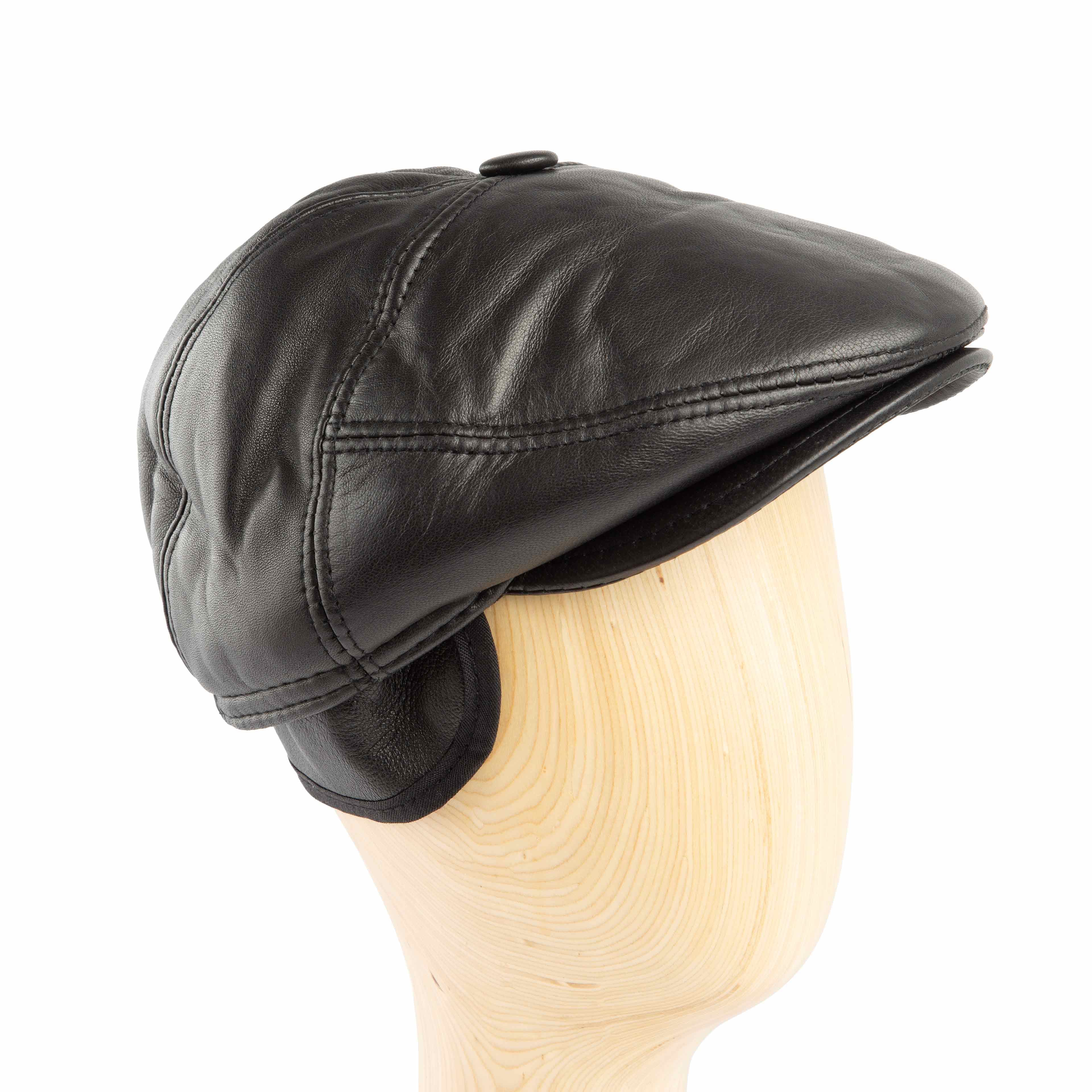 Black Leather One Piece Flat Cap