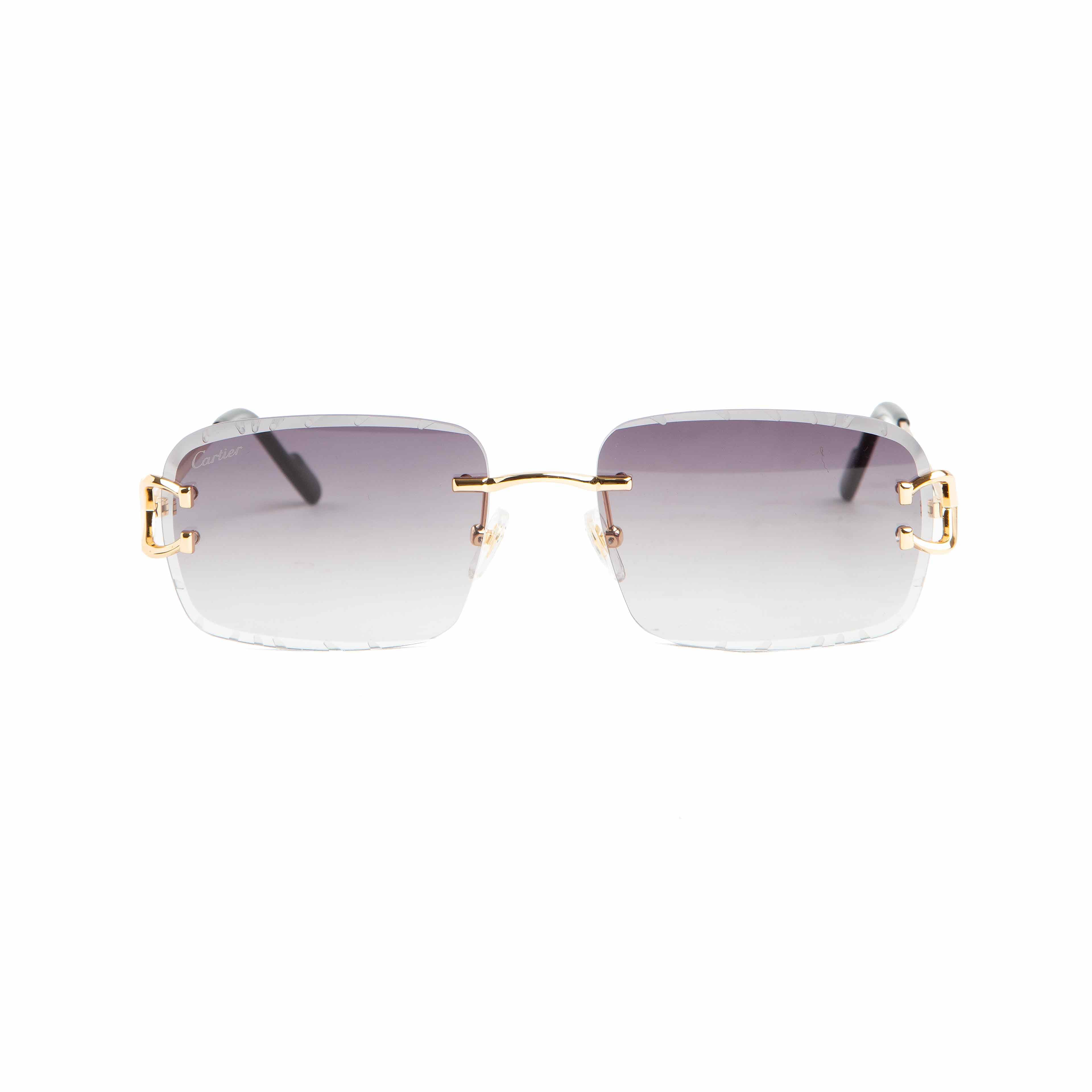 Cartier Rimless Rectangular Sunglasses with Gold-Tone Hardware and Grey Gradient Lenses, Luxury Unisex Eyewear.