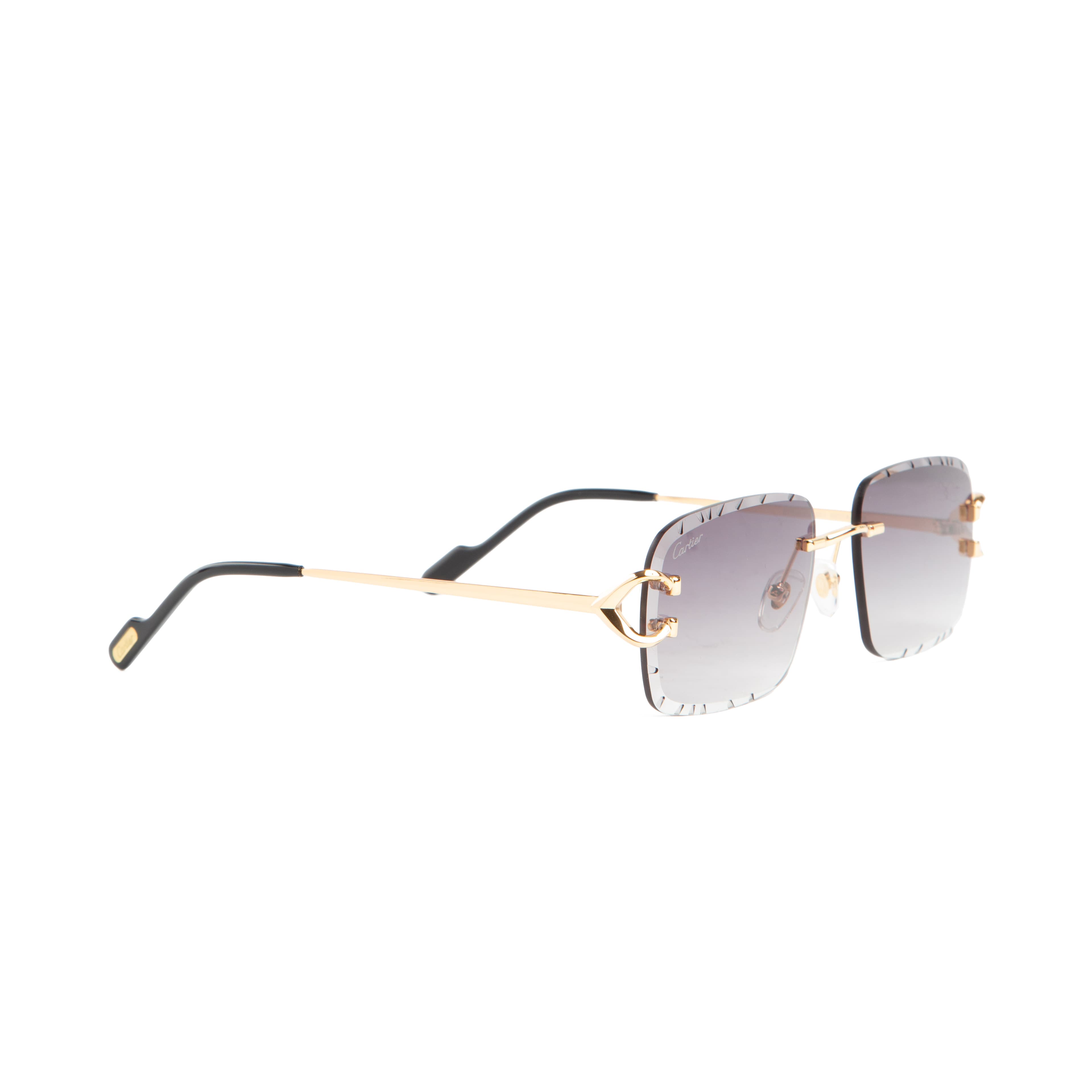 Cartier Rimless Rectangular Sunglasses with Gold-Tone Hardware and Grey Gradient Lenses, Luxury Unisex Eyewear.