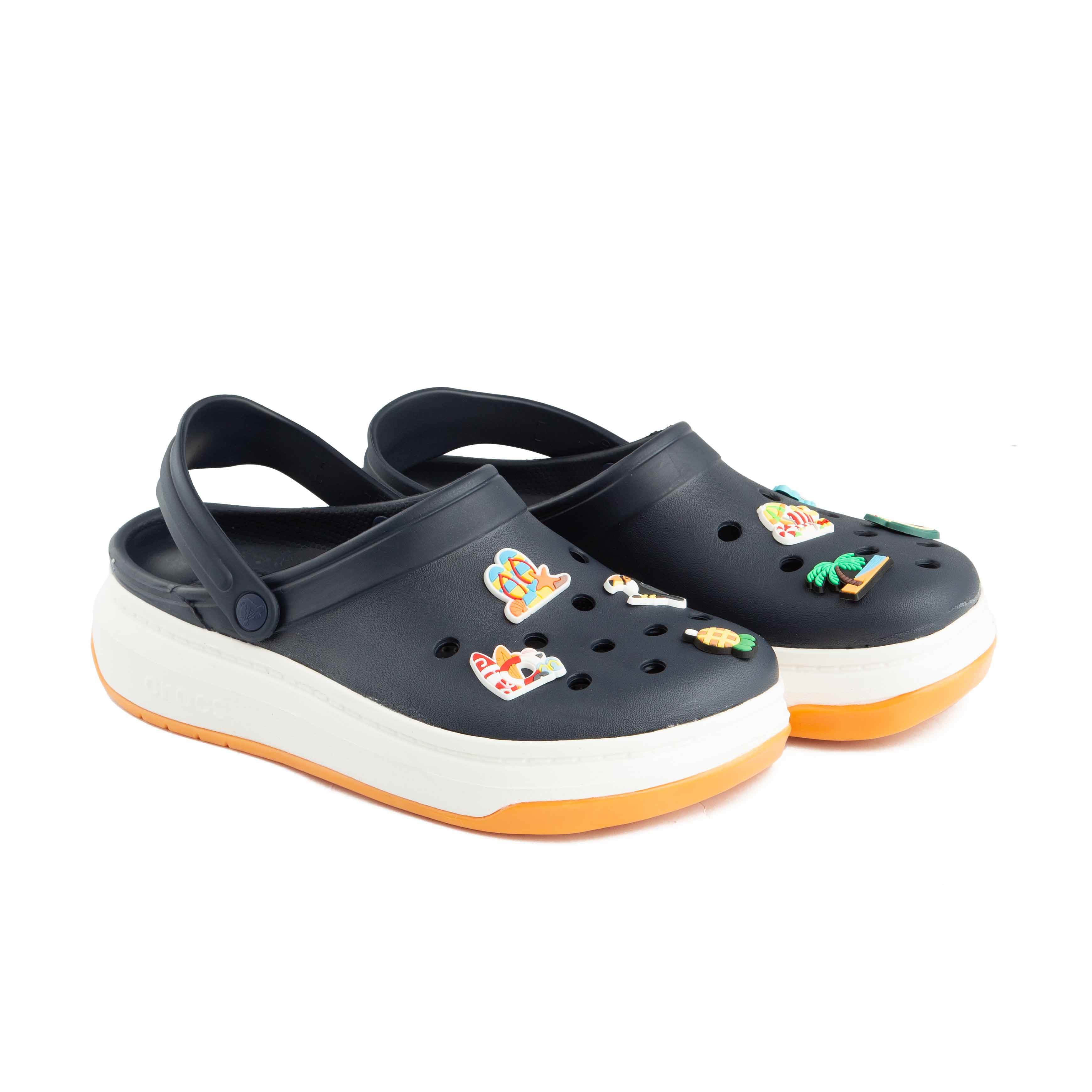 These are classic, comfortable clogs in a versatile navy blue, enhanced with a playful summer vibe