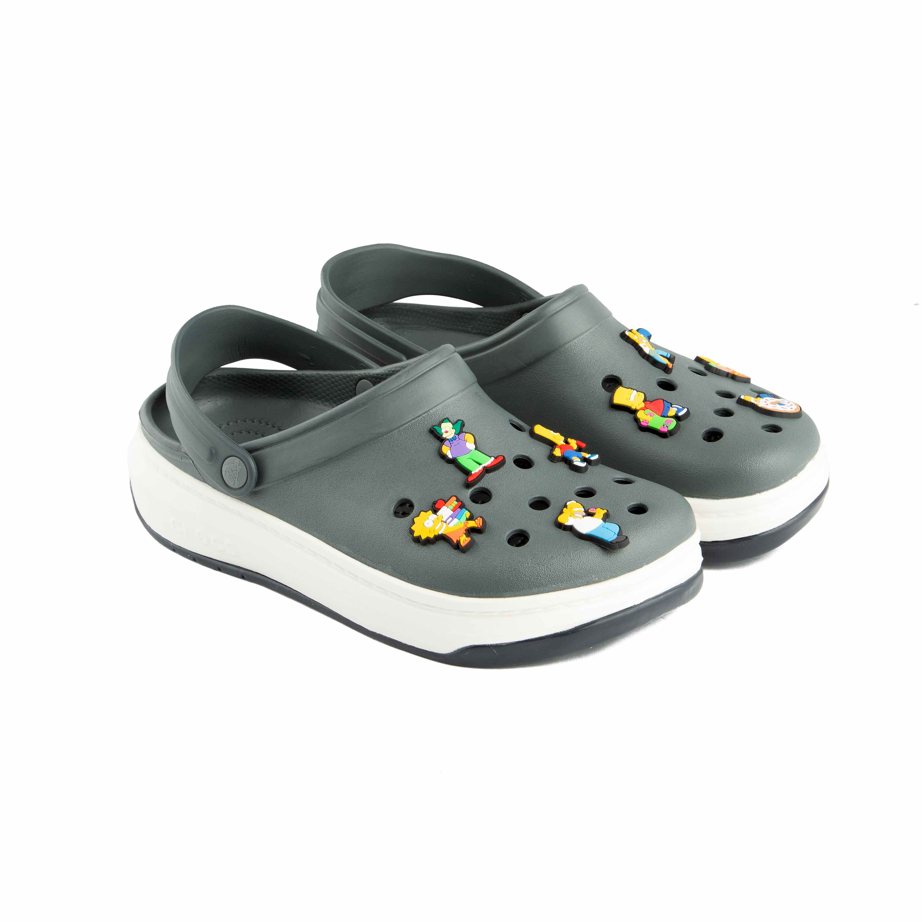 These are stylish dark grey platform clogs, designed for comfort with a contemporary edge and a touch of playfulness. 