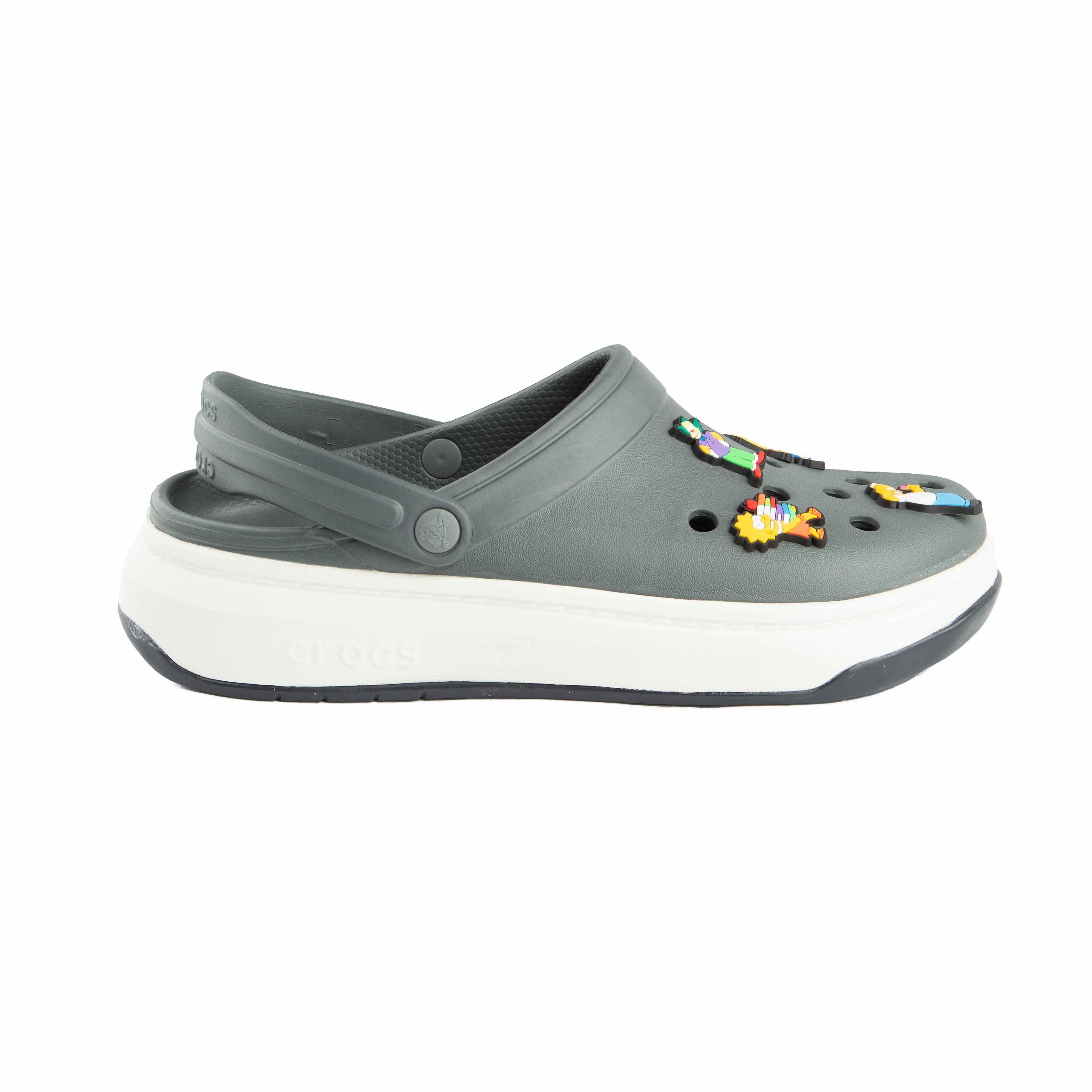 These are stylish dark grey platform clogs, designed for comfort with a contemporary edge and a touch of playfulness.