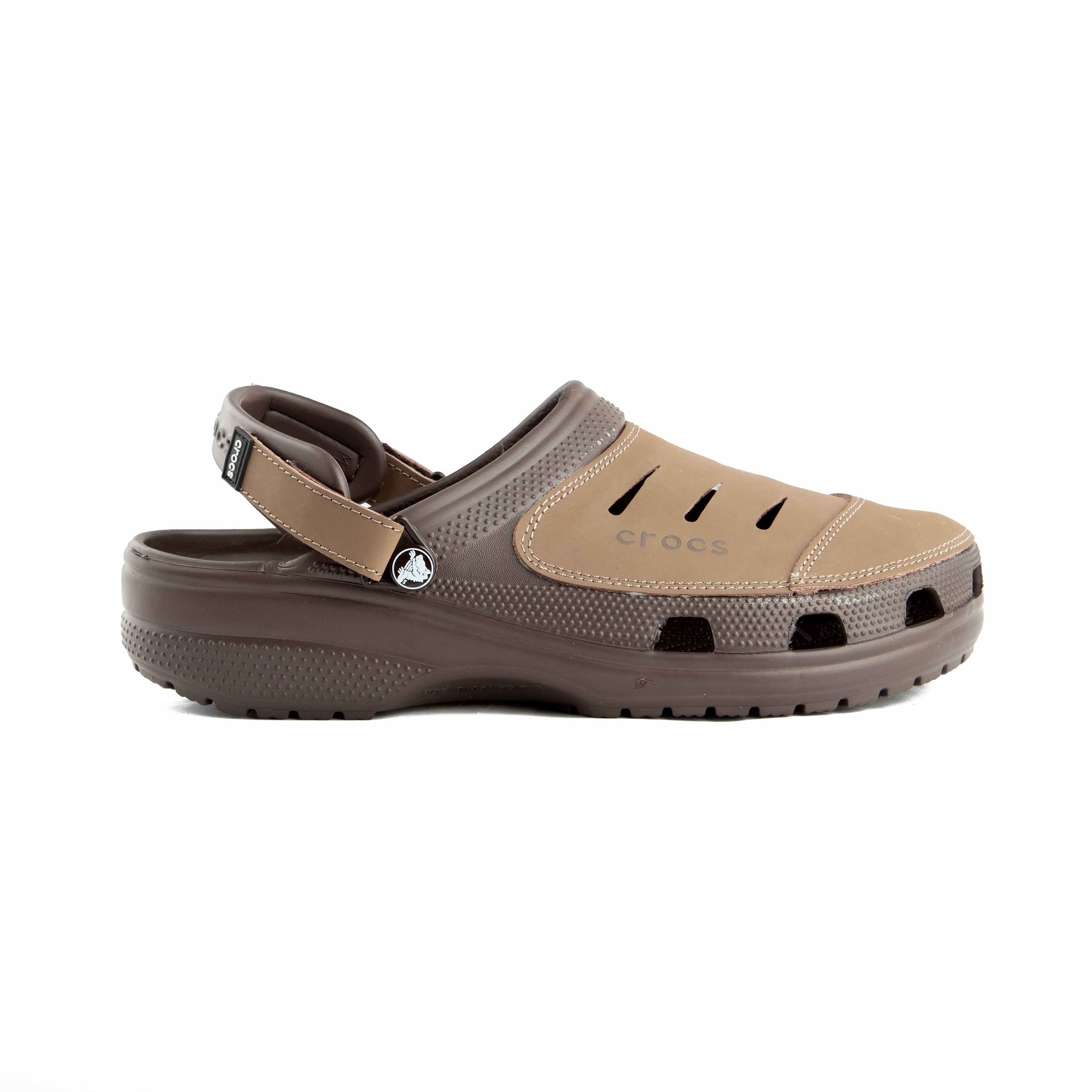 This is a pair of multi-toned brown Crocs clogs designed for rugged or water-friendly environments.