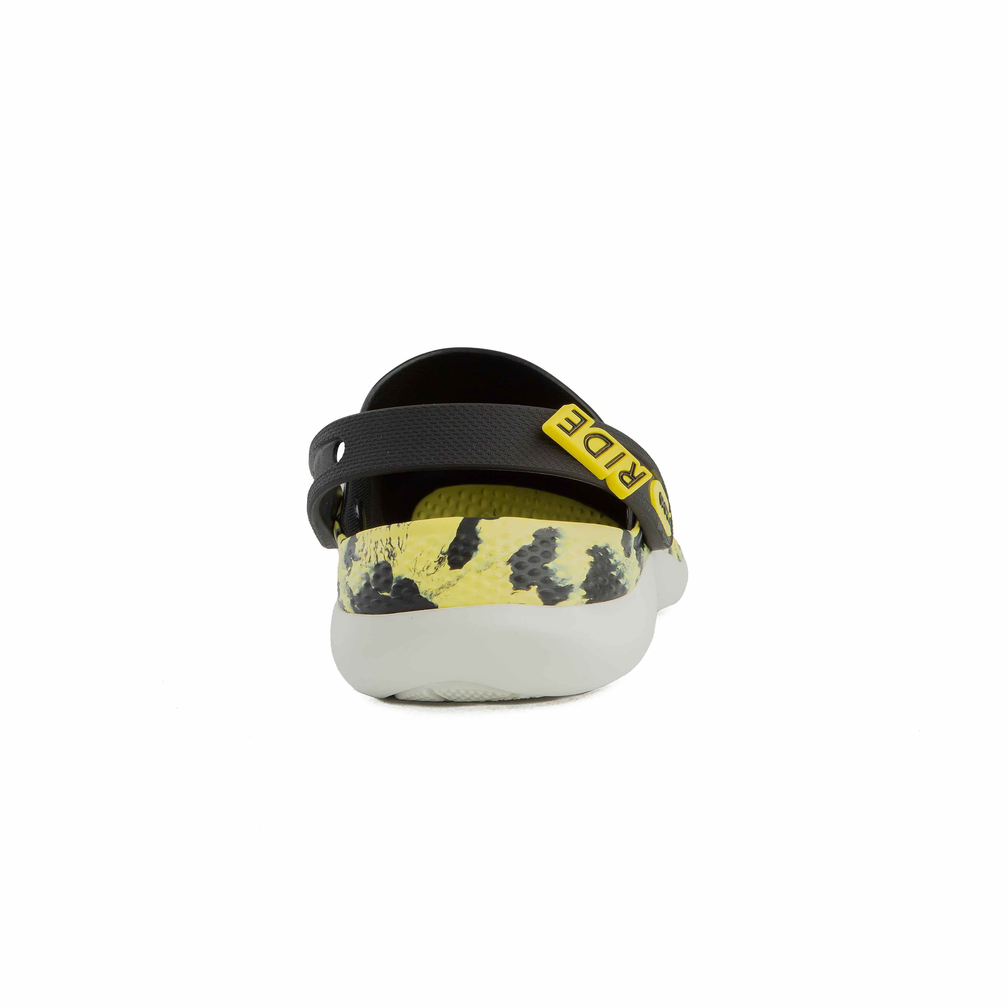 This is a distinctive pair of Crocs LiteRide Clogs, known for their innovative comfort and lightweight design, featuring a unique print. 