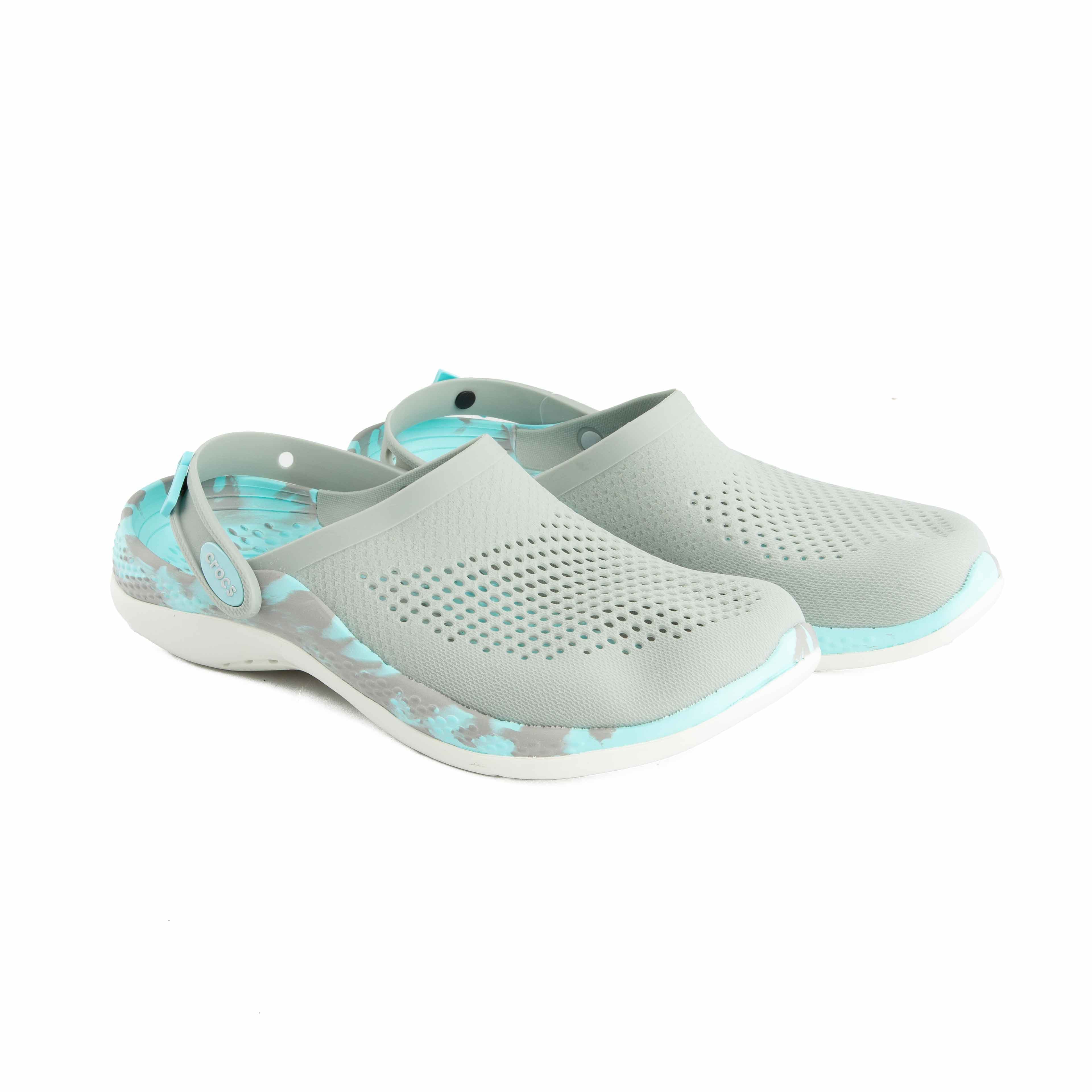 This is a stylish pair of Crocs LiteRide Clogs, renowned for their innovative comfort and lightweight design, featuring a vibrant printed accent.