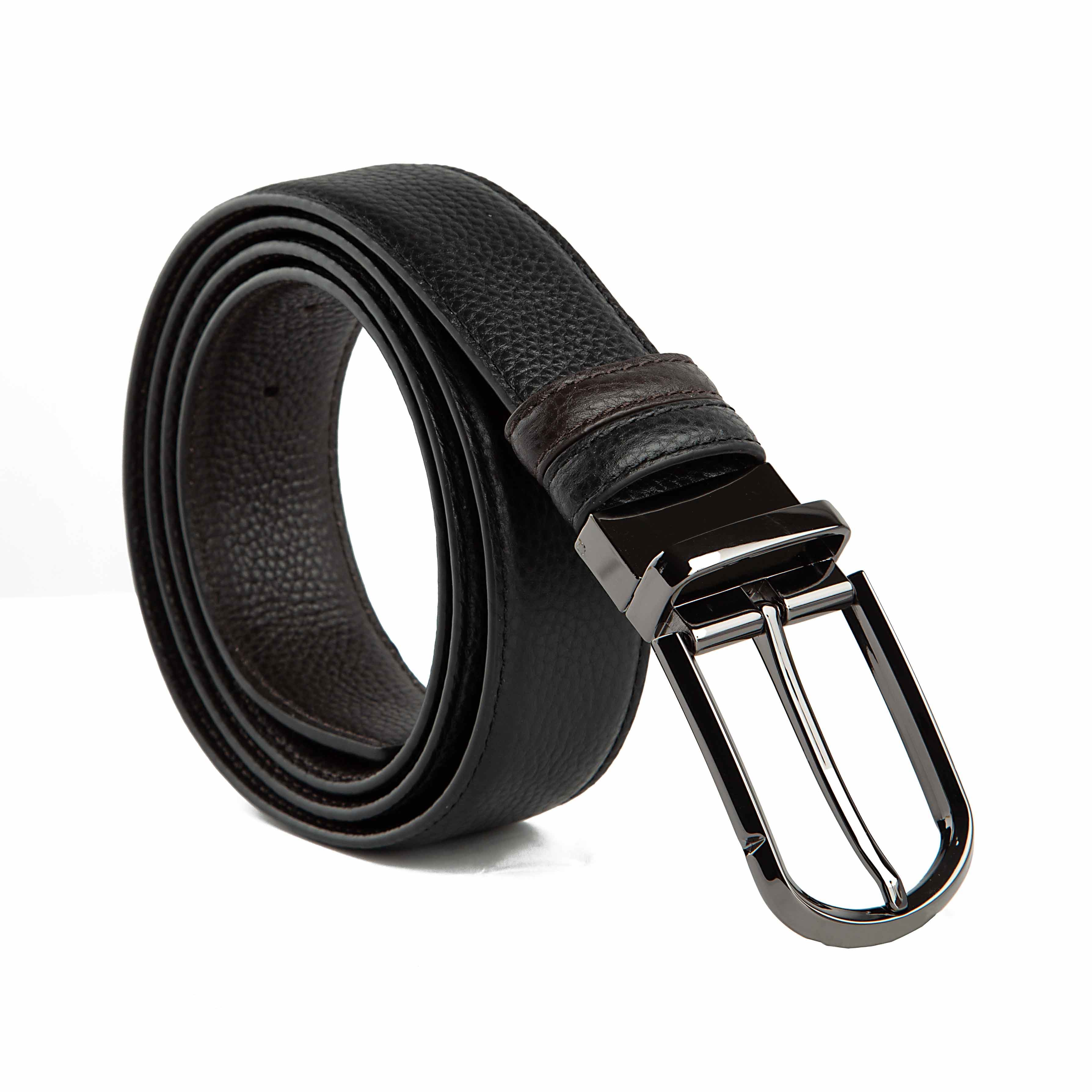 Agu & Son Ltd Men's Reversible Black Brown Leather Buckle Belt, 10465- Black
