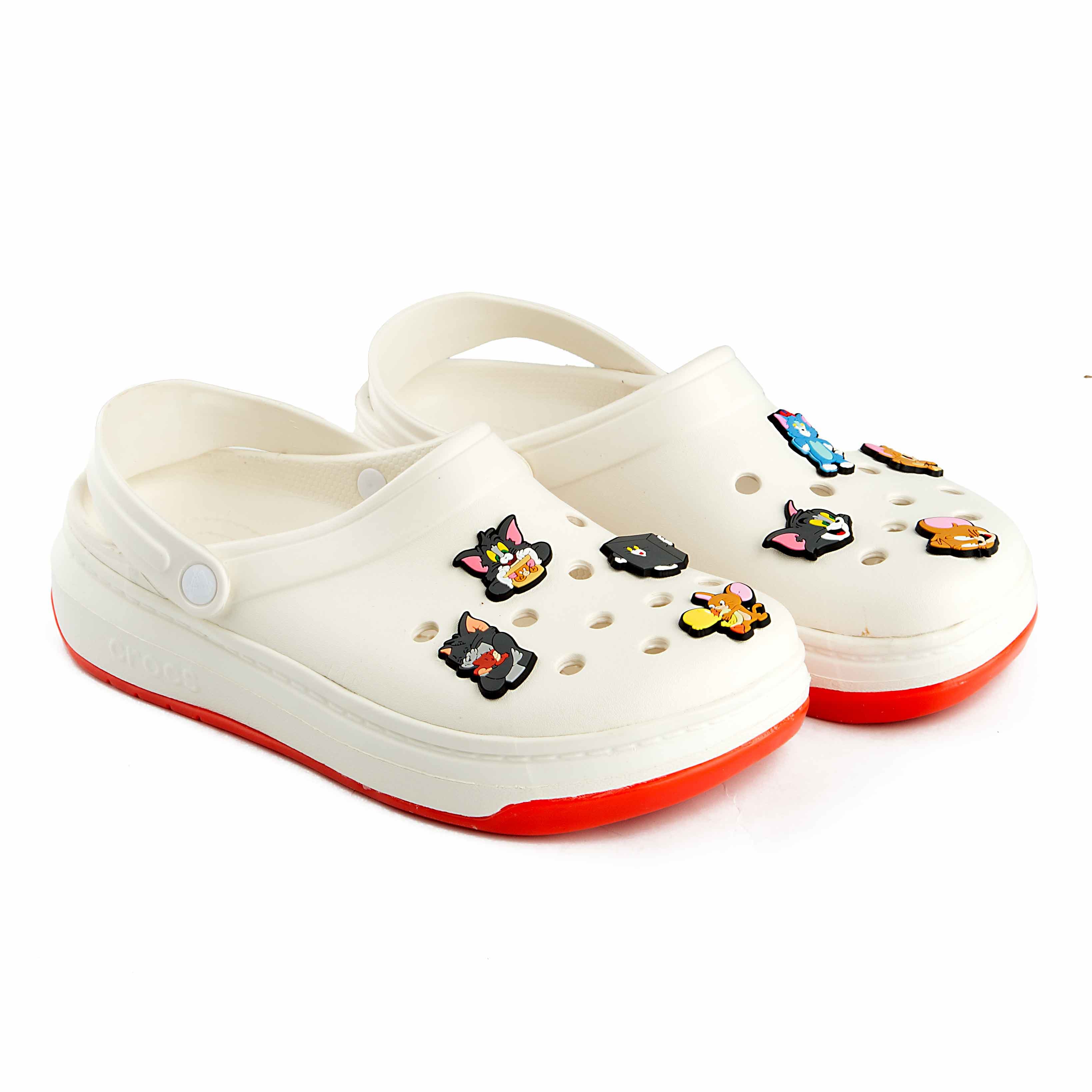 These are bright and comfortable cream-colored platform clogs, designed with a playful twist. 