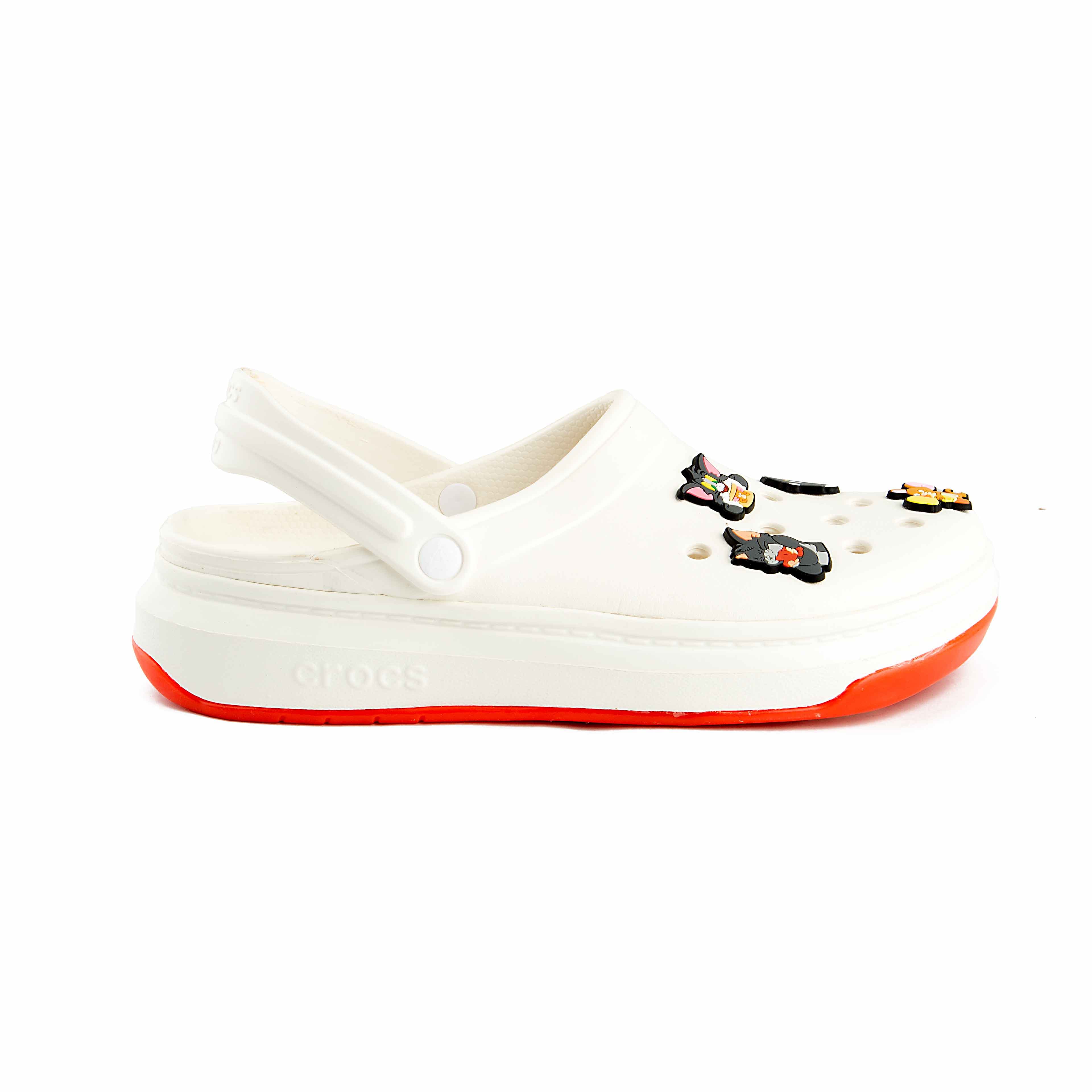 These are bright and comfortable cream-colored platform clogs, designed with a playful twist.