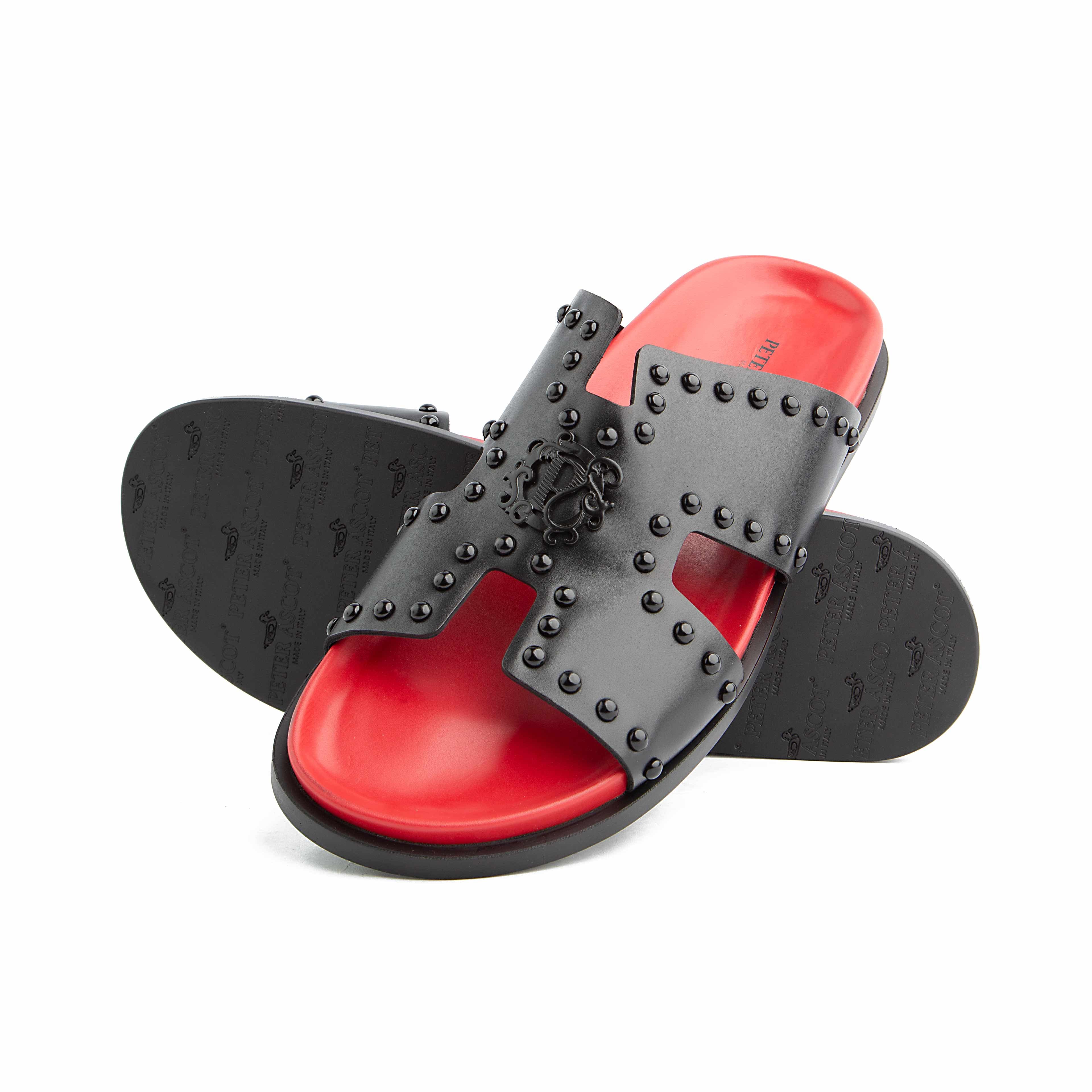 Peter Ascot Black Studded Red Footbed Slide Sandals