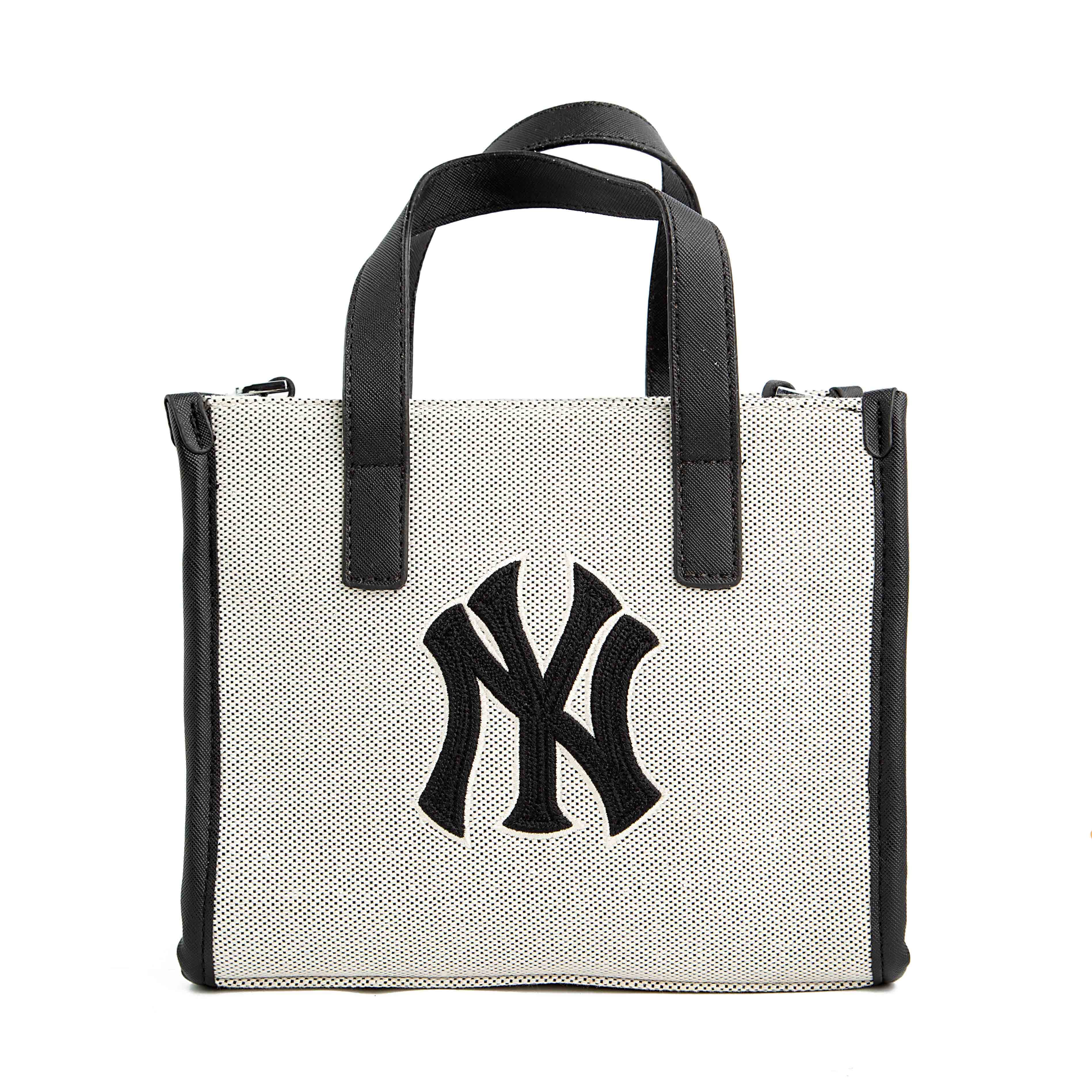  MLB New York Yankees small canvas tote bag, cream and black, embroidered NY logo, faux leather trim, women's mini tote, casual handbag, fan gear accessory.