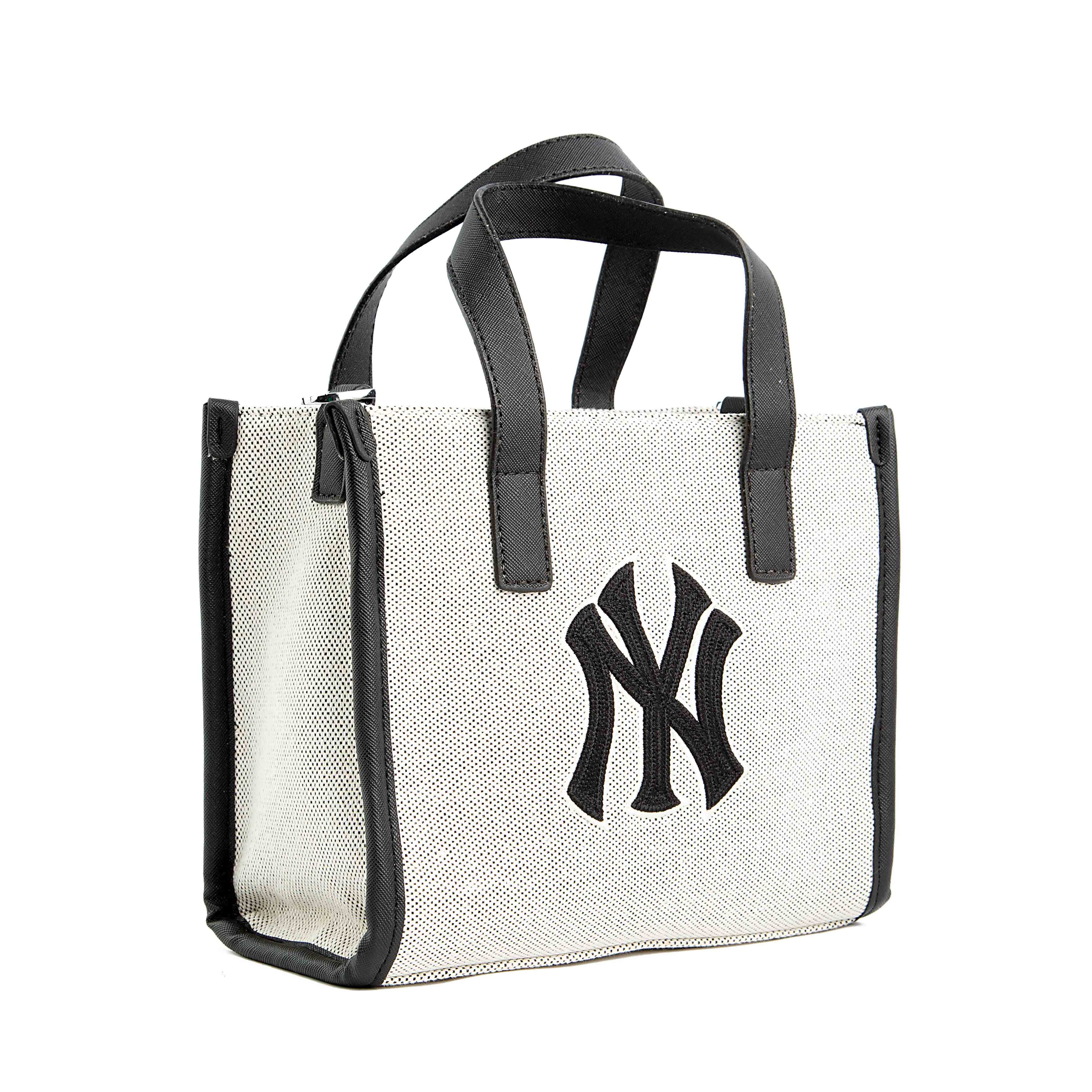  MLB New York Yankees small canvas tote bag, cream and black, embroidered NY logo, faux leather trim, women's mini tote, casual handbag, fan gear accessory.