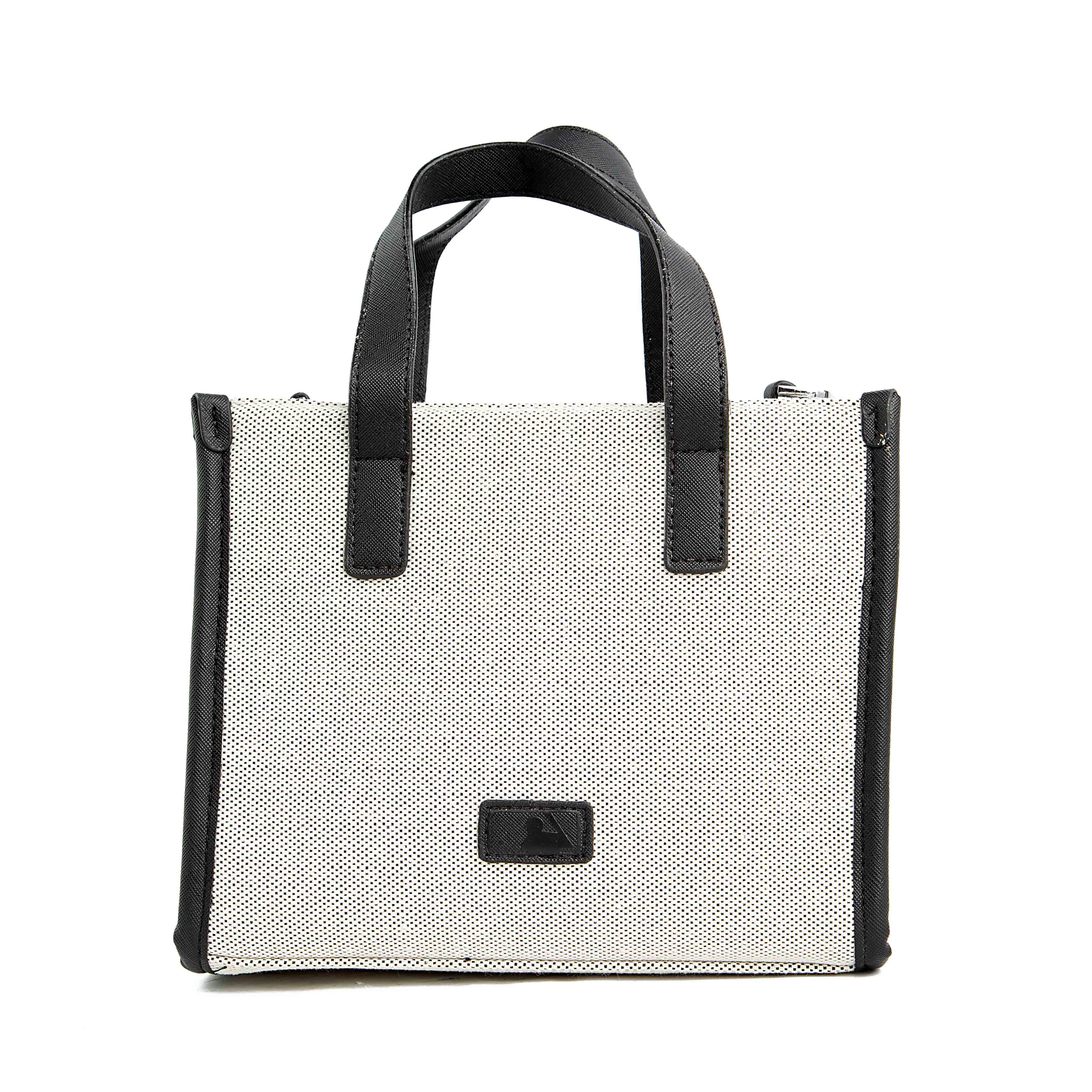  MLB New York Yankees small canvas tote bag, cream and black, embroidered NY logo, faux leather trim, women's mini tote, casual handbag, fan gear accessory.