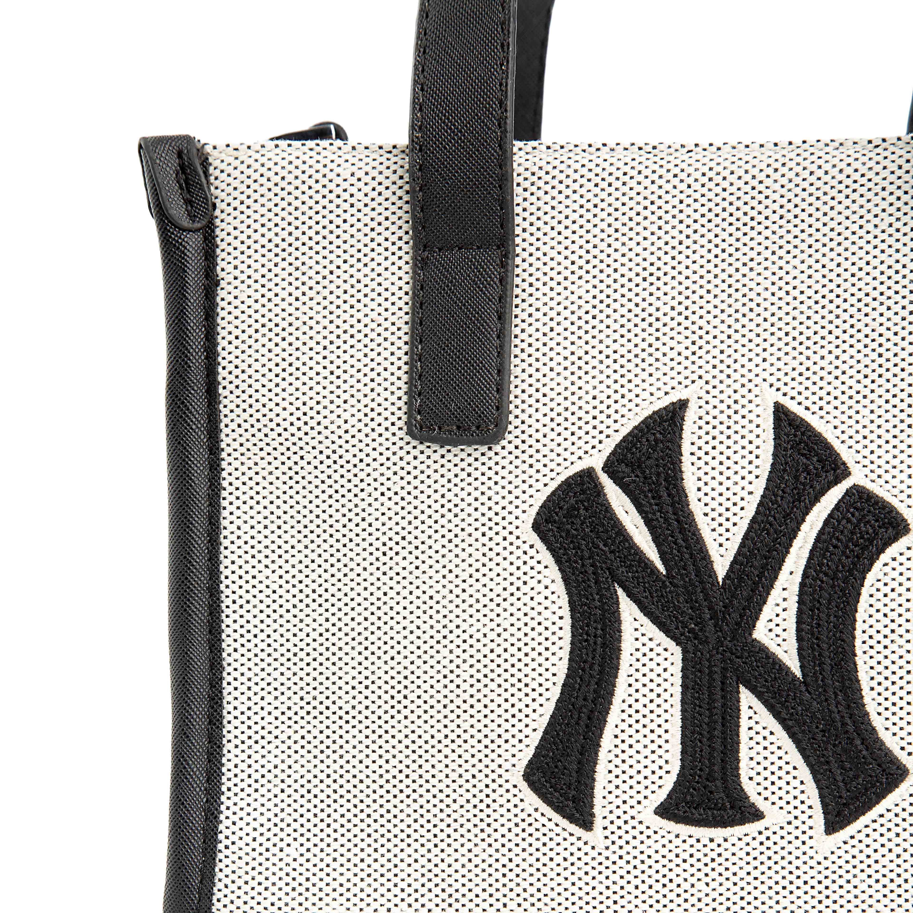  MLB New York Yankees small canvas tote bag, cream and black, embroidered NY logo, faux leather trim, women's mini tote, casual handbag, fan gear accessory.