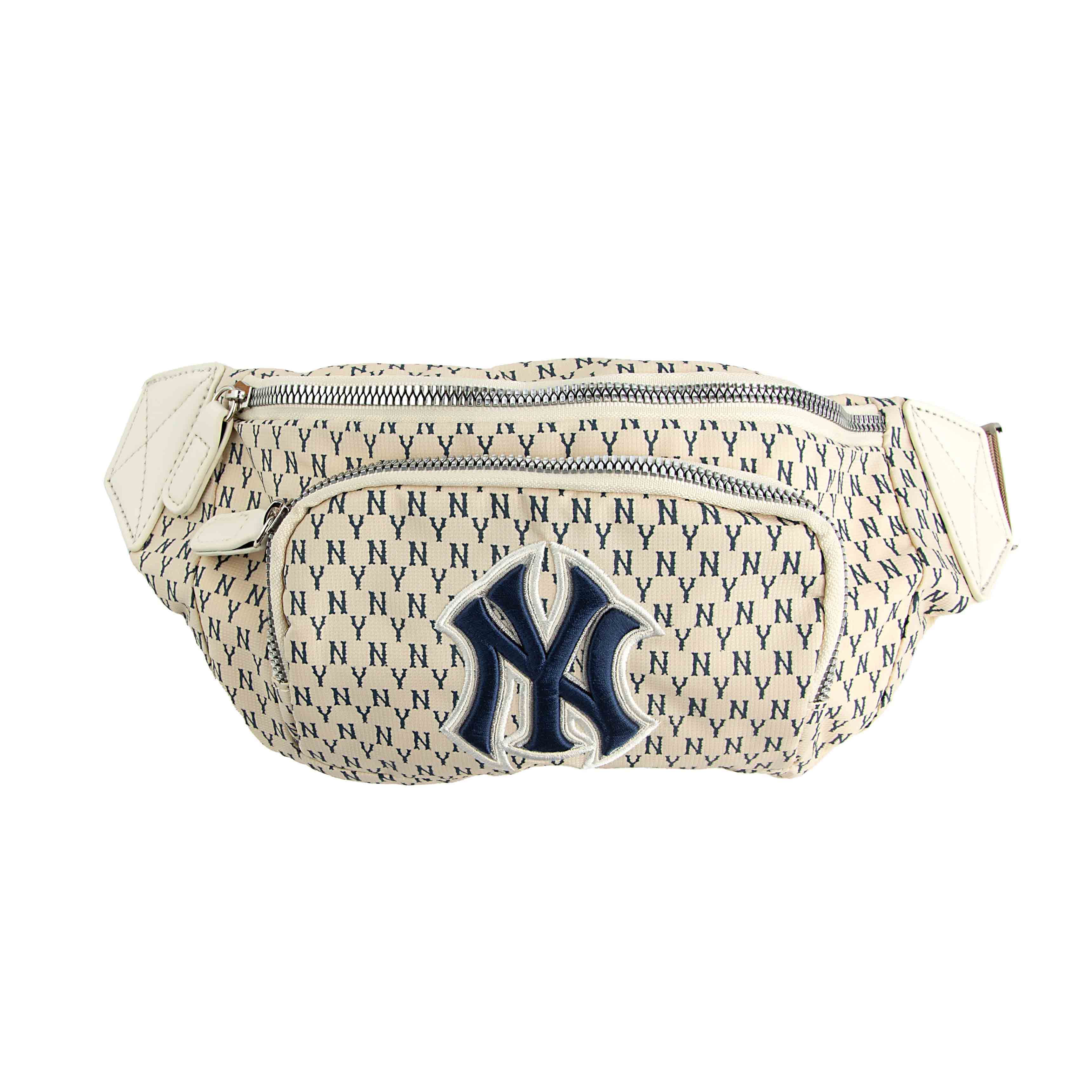 This is a stylish and compact fanny pack featuring a New York Yankees monogram pattern.
