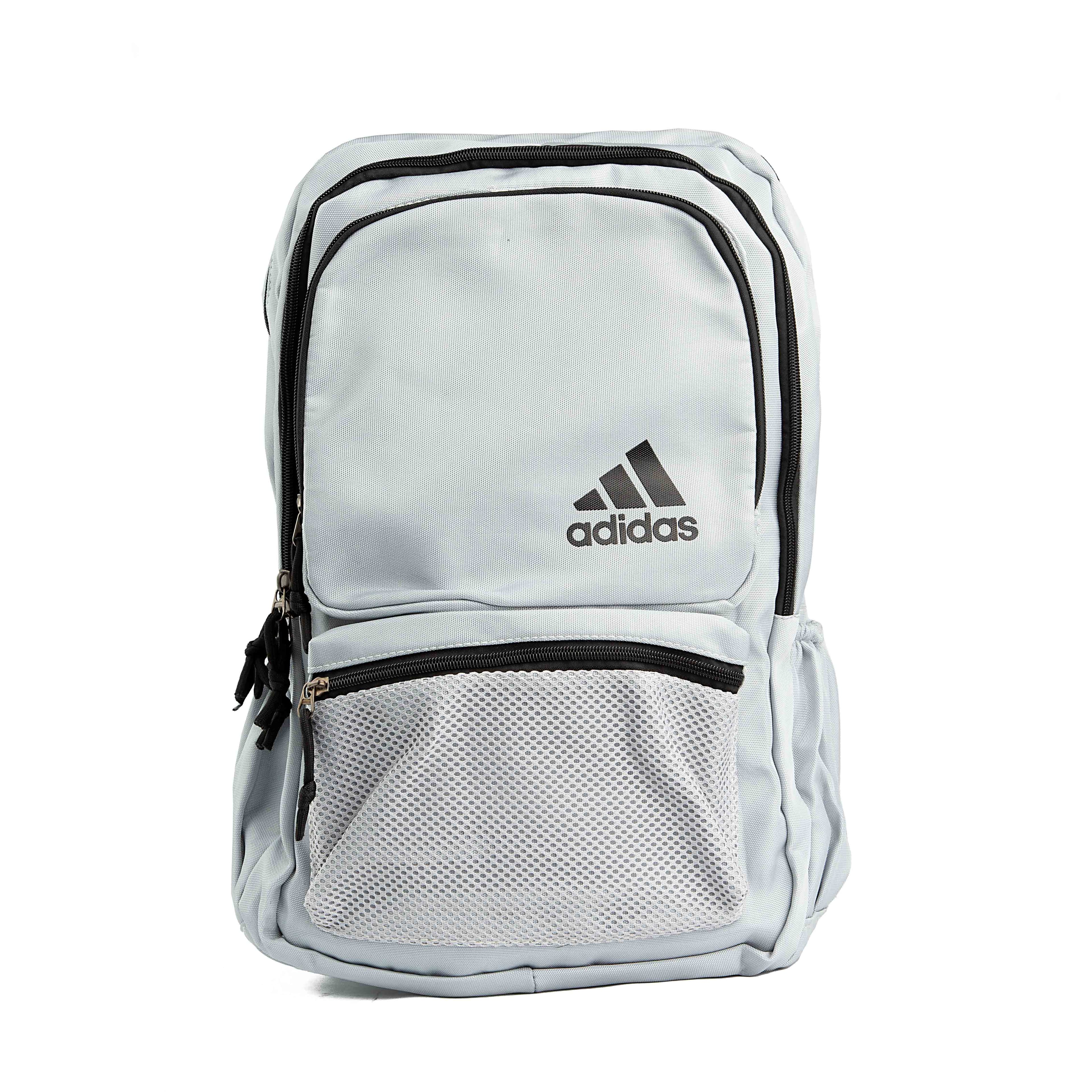 This is a minimalist, light grey backpack with a classic design. 
