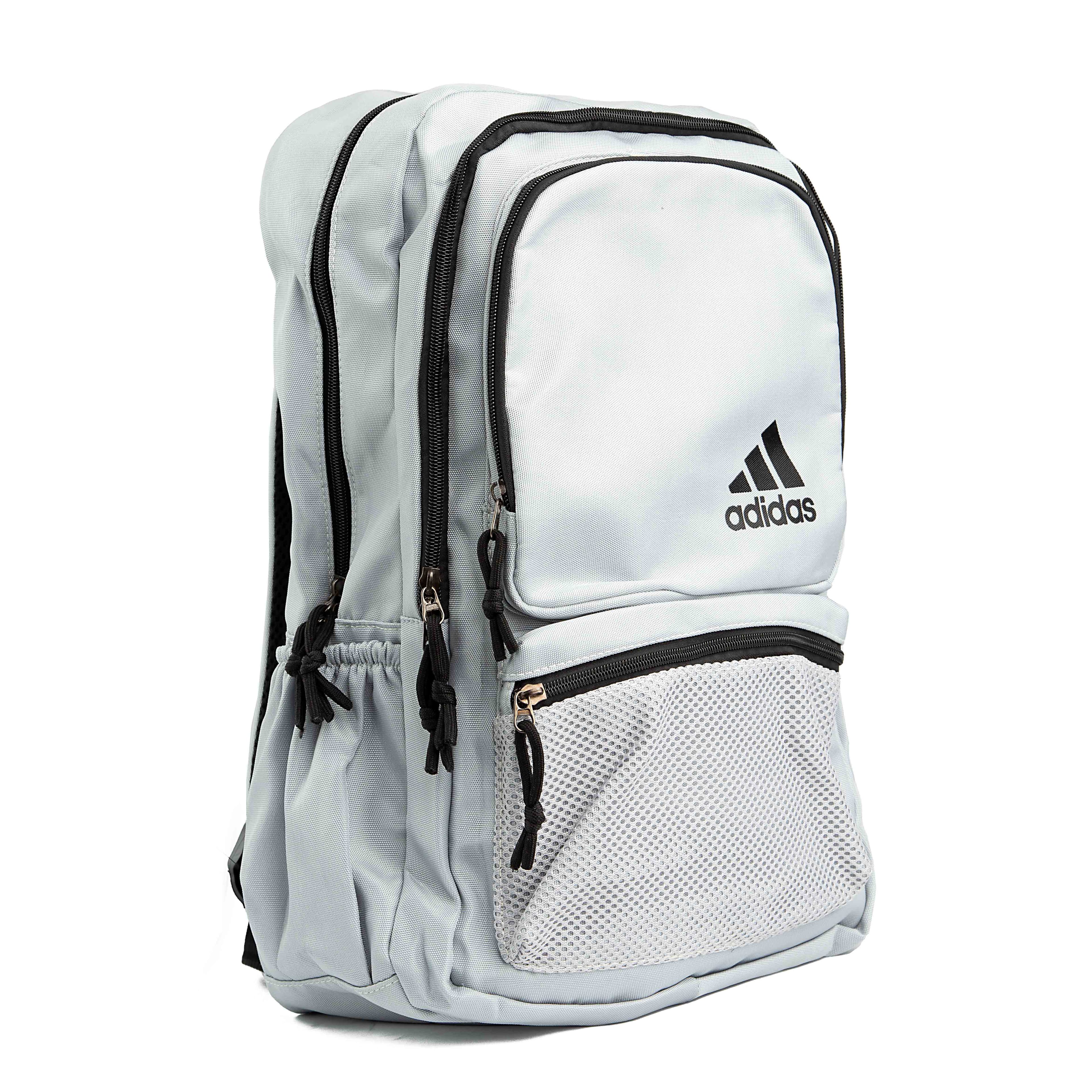 This is a minimalist, light grey backpack with a classic design. 