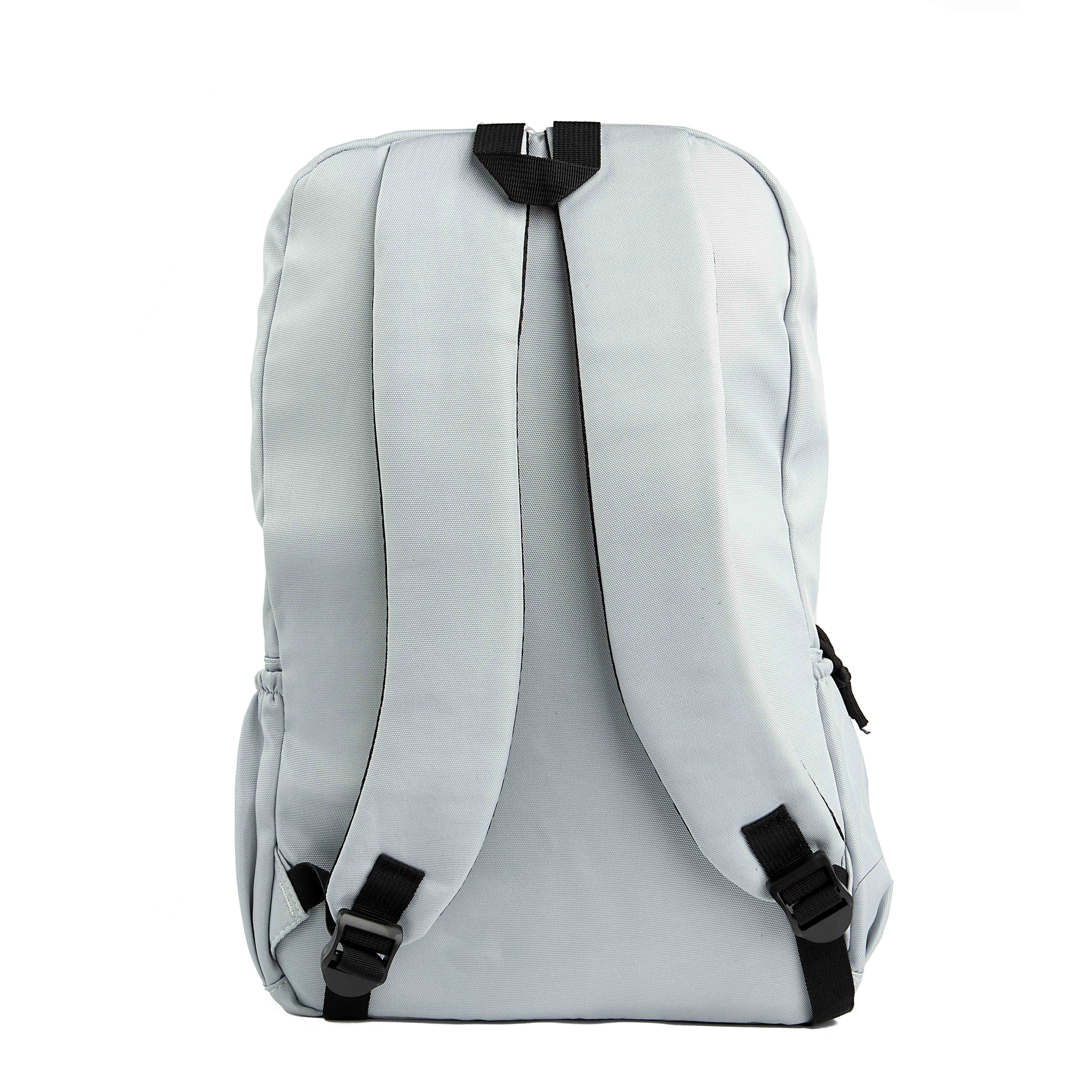 This is a minimalist, light grey backpack with a classic design. 