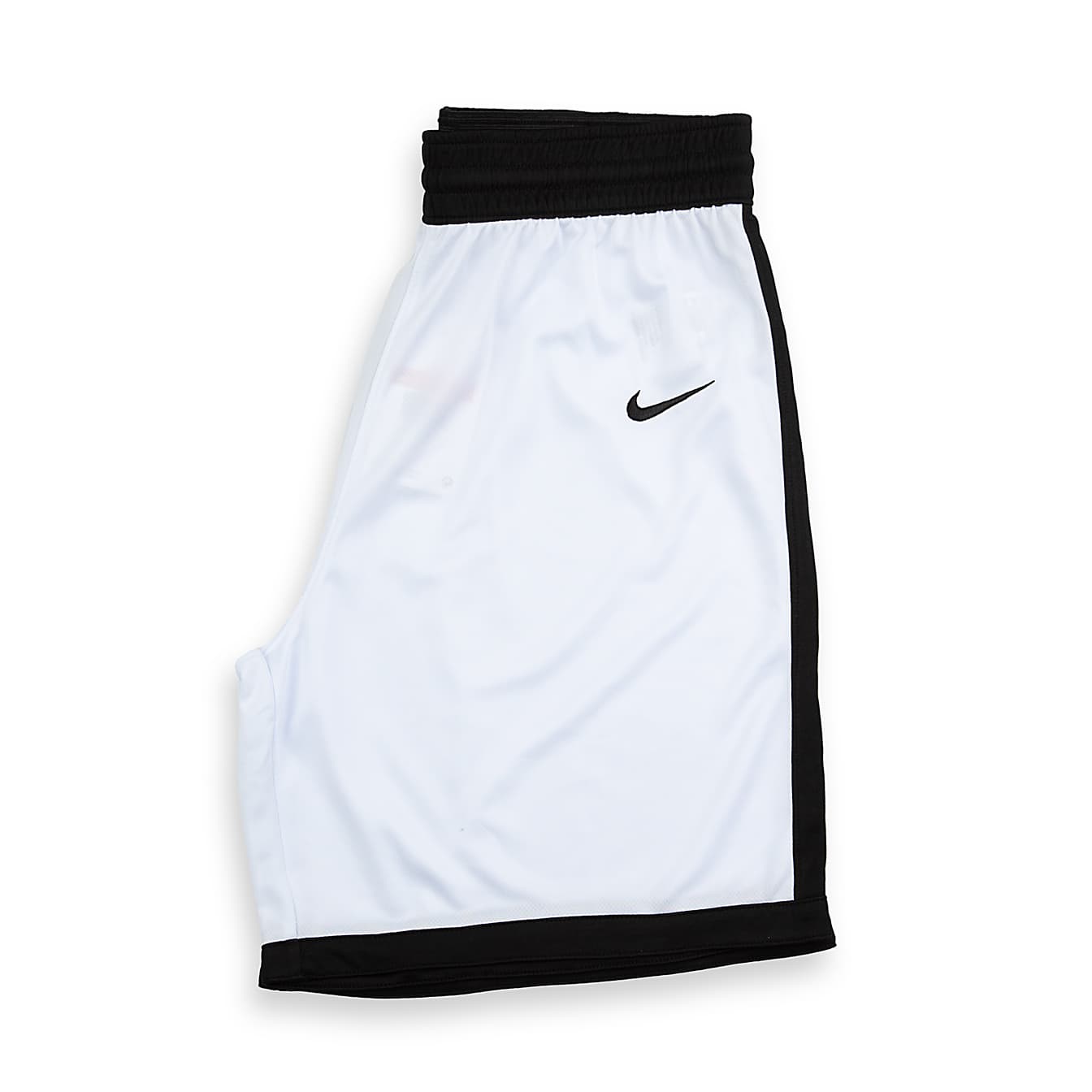Nike Dri-FIT basketball shorts in white with black trim, and an embroidered black swoosh.