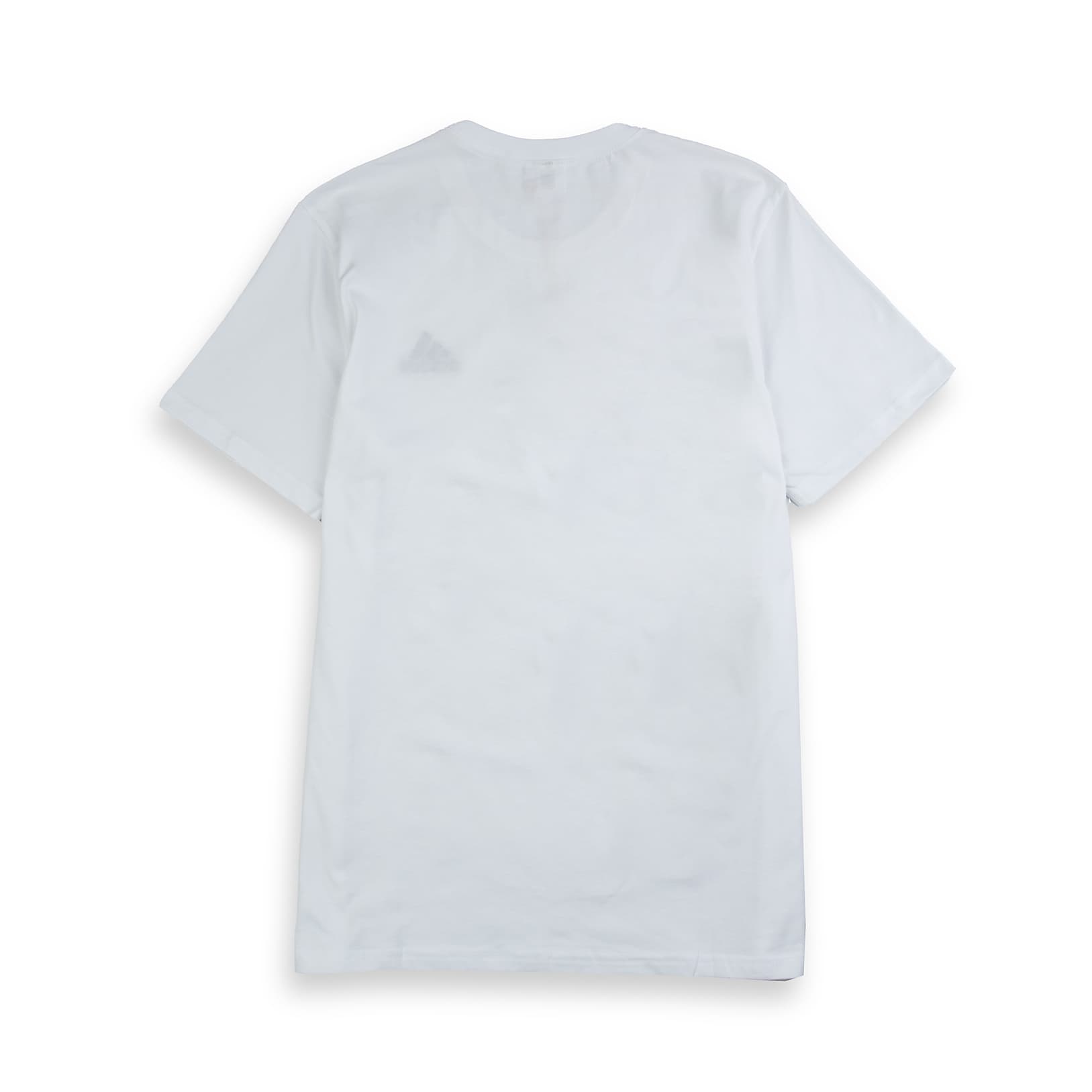A white Adidas  T-Shirt with a small, black Adidas logo on the left chest.