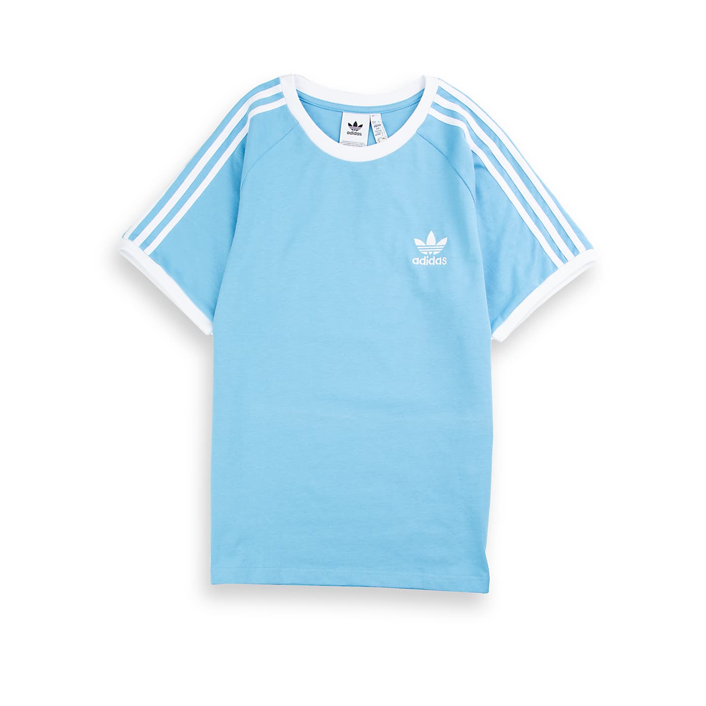  Elevate your everyday style with the timeless Adidas Originals 3-Stripes T-shirt in refreshing sky blue. Iconic comfort meets classic design