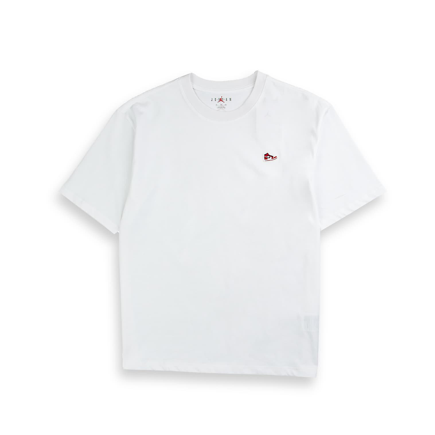 A white Jordan Flight Heritage T-shirt with a small embroidered winged shoe logo on the chest.