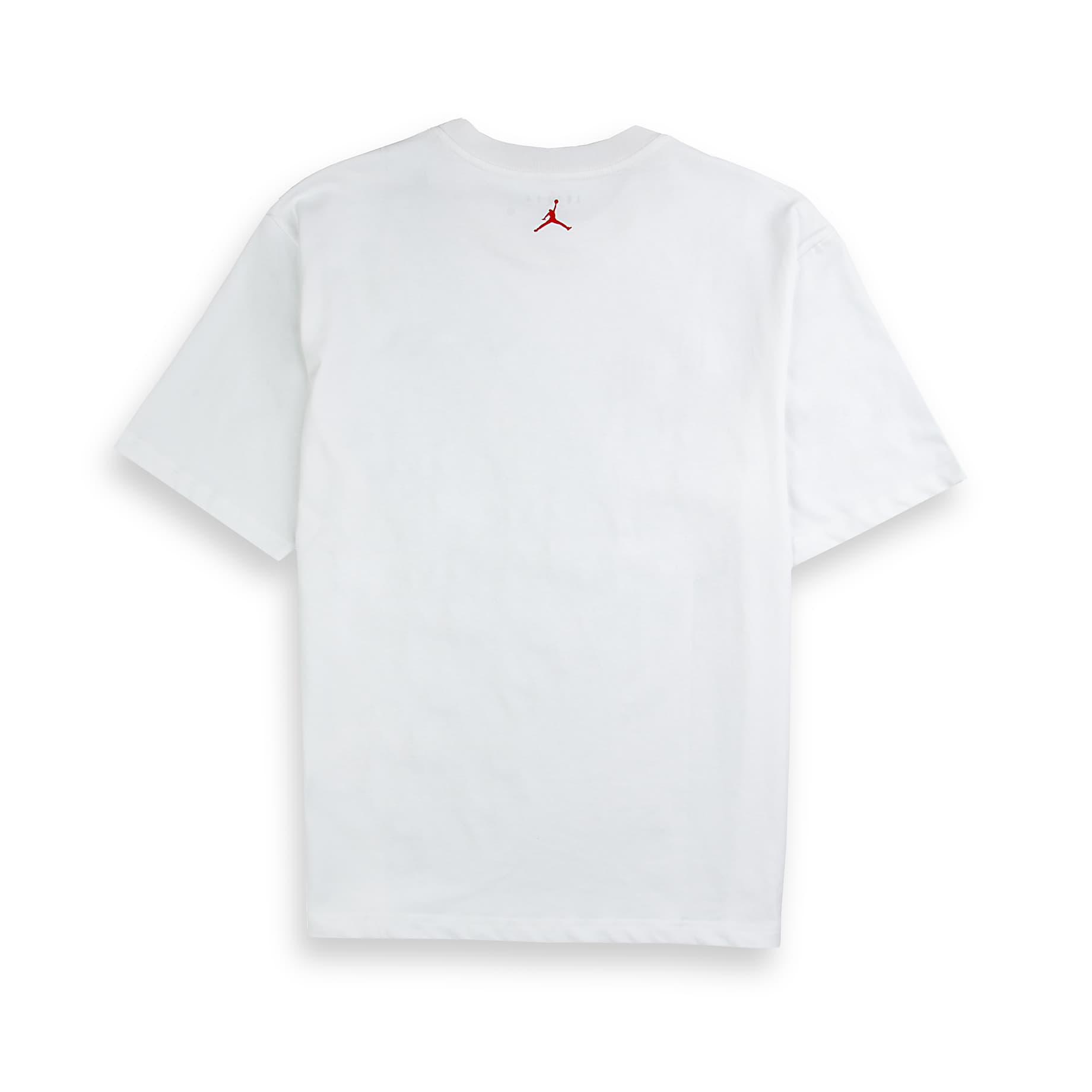 A white Jordan Flight Heritage T-shirt with a small embroidered winged shoe logo on the chest.