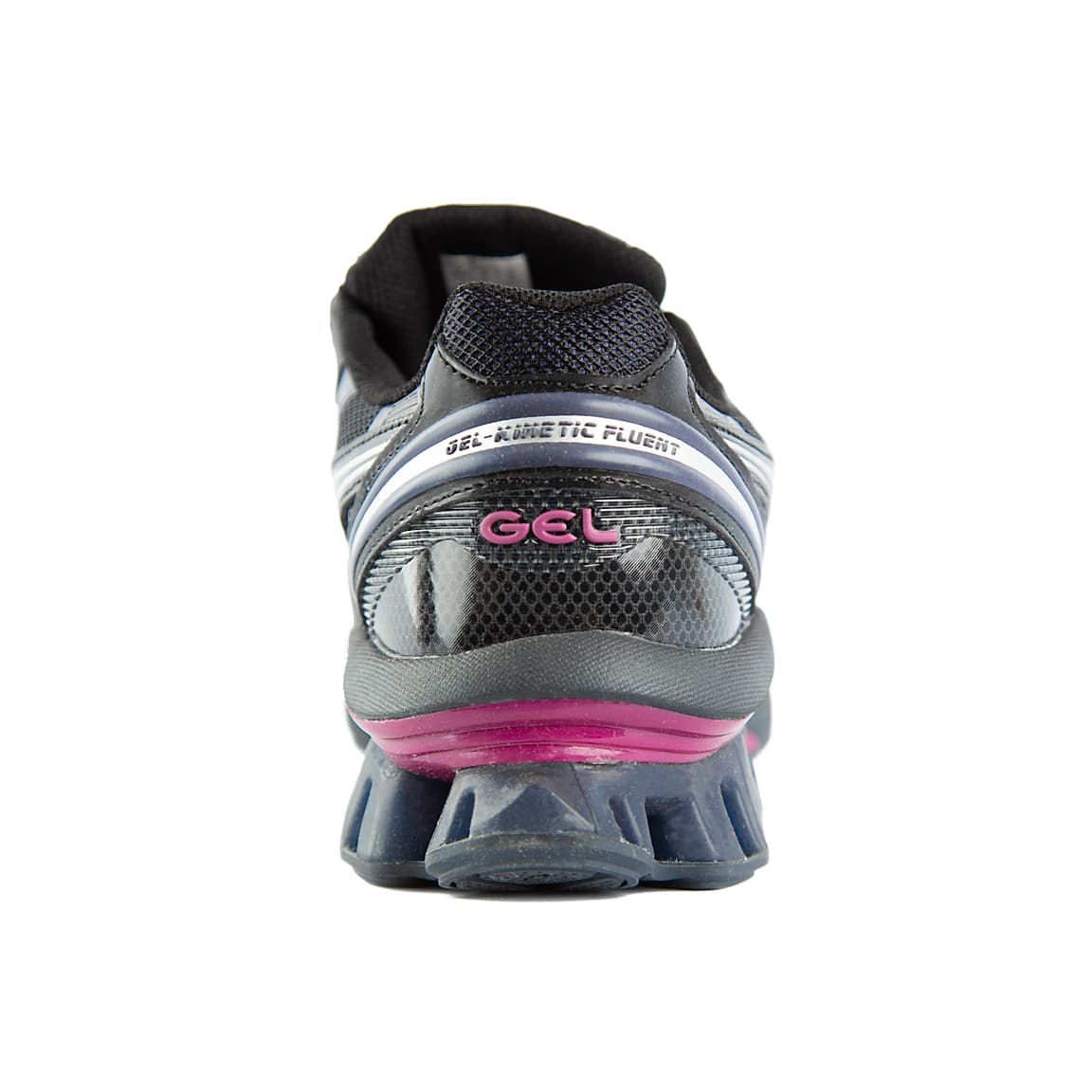 Asics GEL-Kinsei running shoes in a black, white, and magenta colorway. High-performance, futuristic design for men and women.