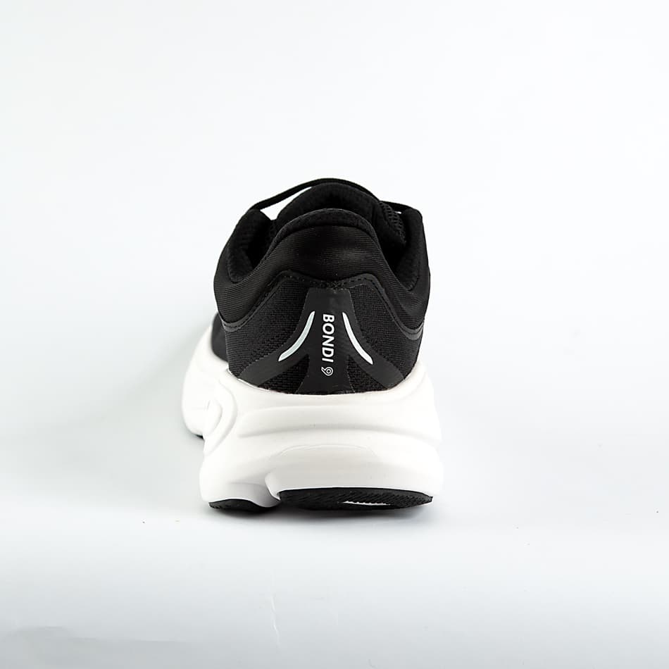 A pair of black and white Hoka Bondi 9 Sneakers cushioned road running shoes, known for maximum comfort and support for everyday runs and walks.