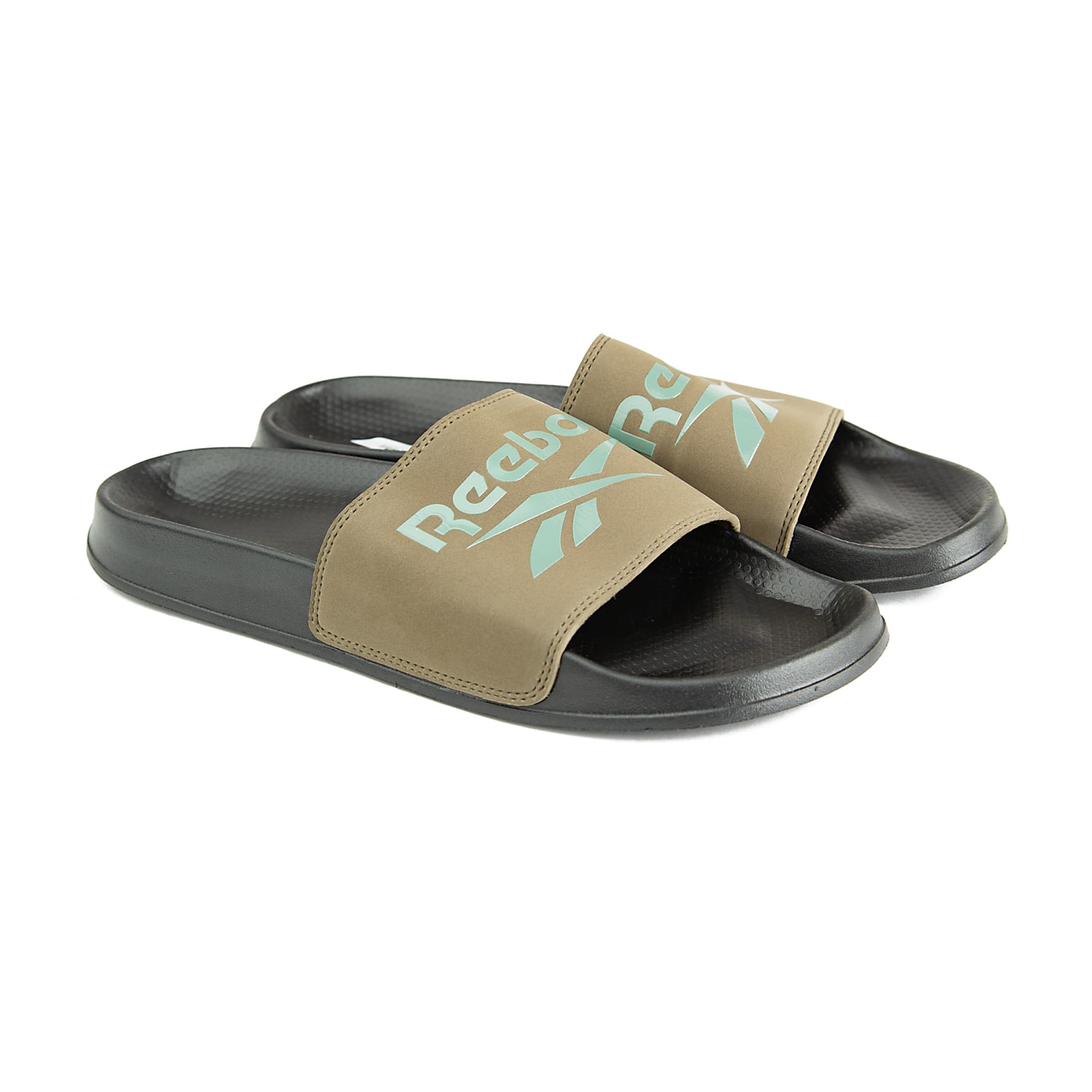 Reebok Fulgere slides for men in army green and black with a harmony green logo.