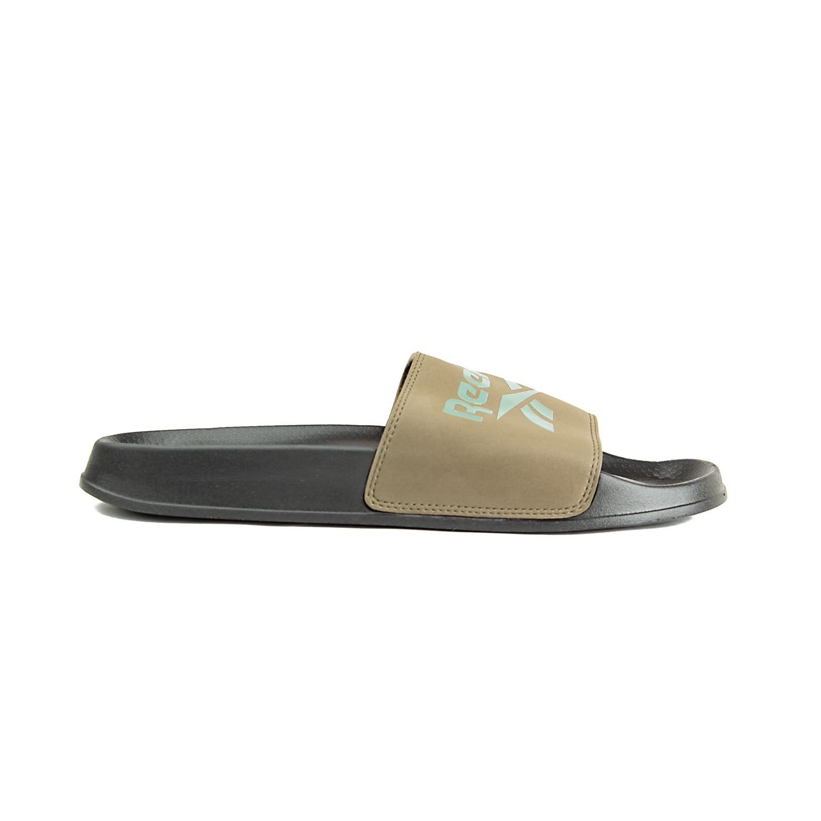 Reebok Fulgere slides for men in army green and black with a harmony green logo.
