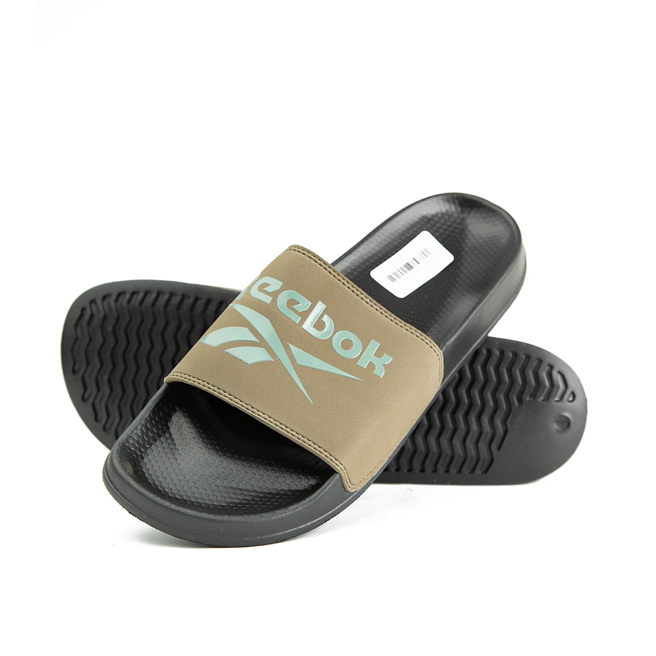 Reebok Fulgere slides for men in army green and black with a harmony green logo.