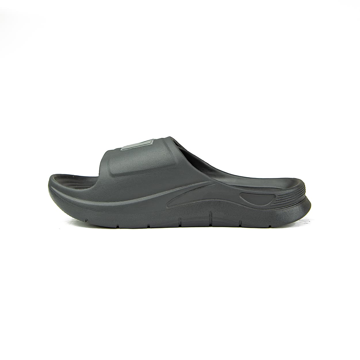 A pair of black New Balance 202XA adjustable slide sandals with a grey NB logo on the strap, shown against a white background.