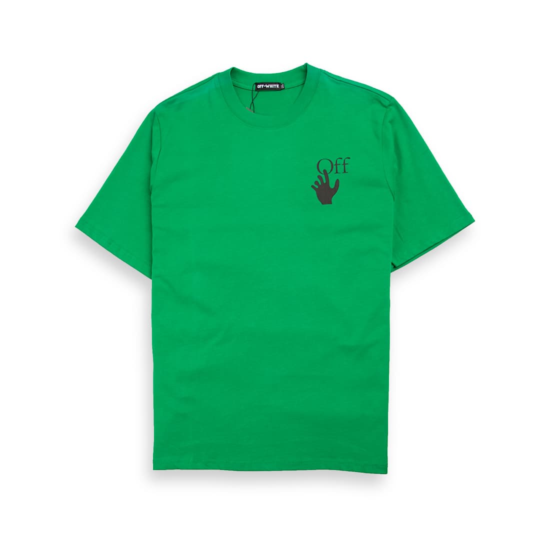 This is a vibrant green, short-sleeved, crew-neck t-shirt from the high-end streetwear brand Off-White. 