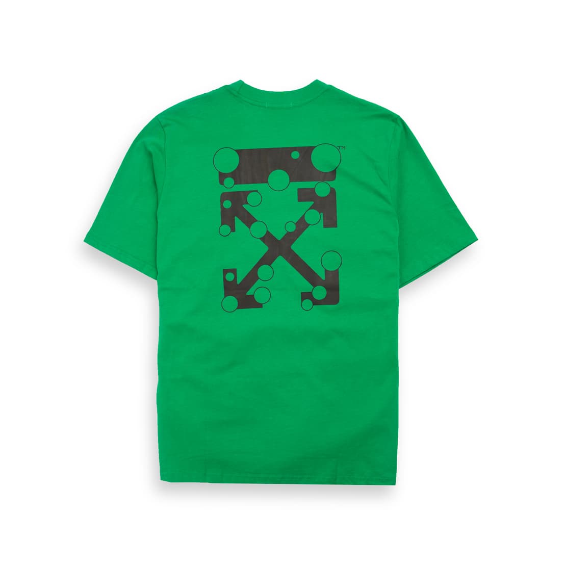 This is a vibrant green, short-sleeved, crew-neck t-shirt from the high-end streetwear brand Off-White. 