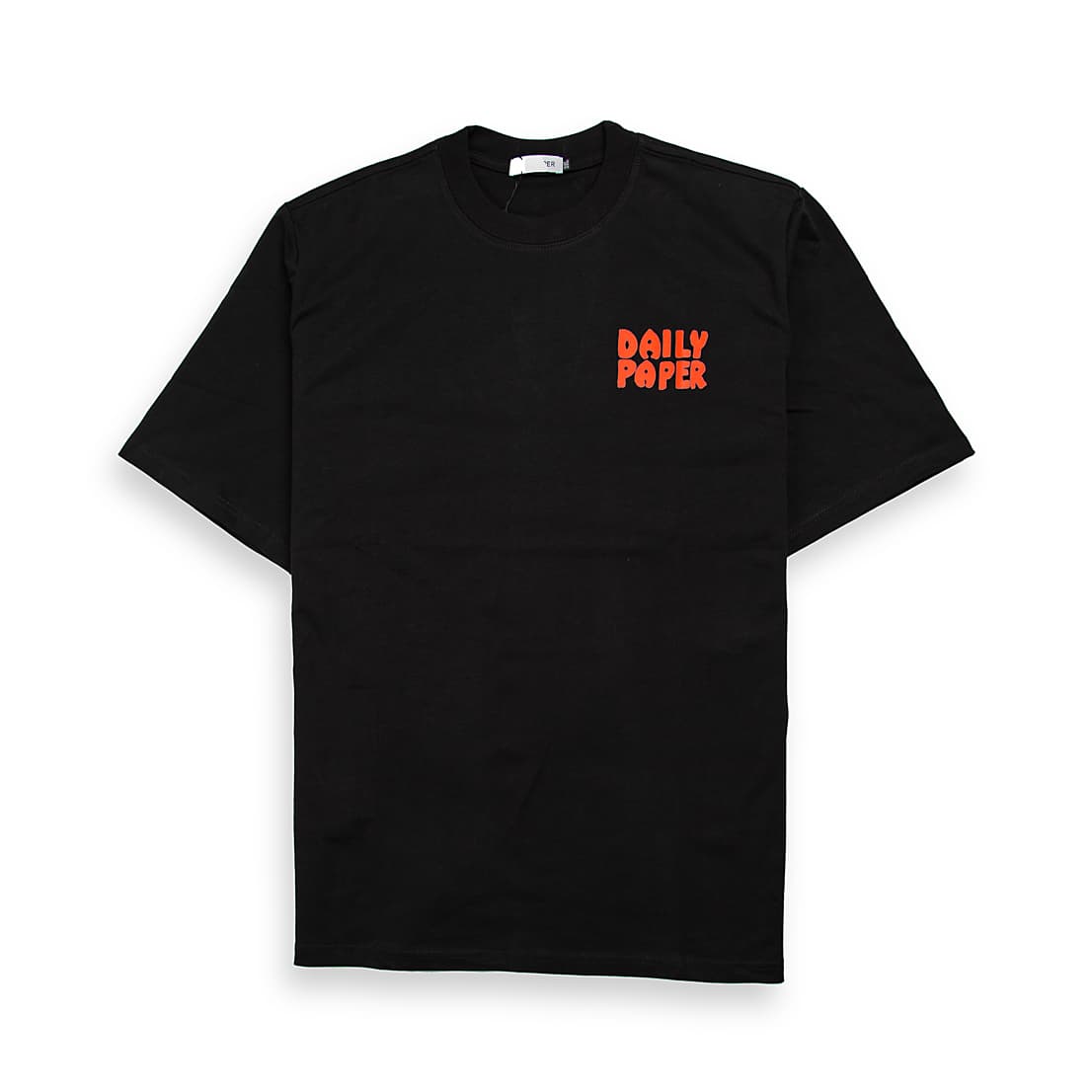 Daily Paper Bubble Logo T-Shirt in black cotton with a vibrant orange/red puff print logo on the chest. Classic streetwear crewneck.