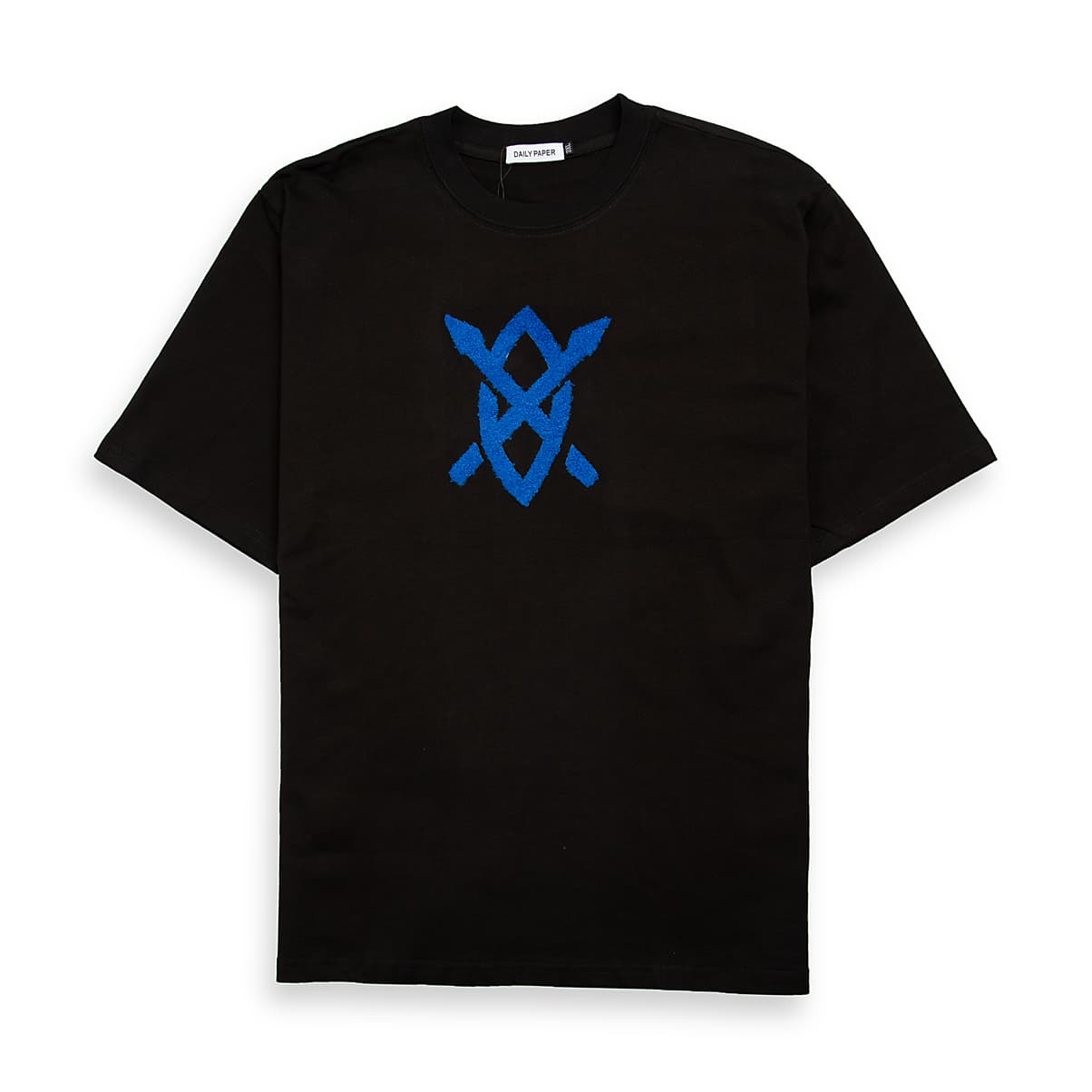 This is a classic black, short-sleeved, crew-neck t-shirt from the Amsterdam-based streetwear brand Daily Paper. 