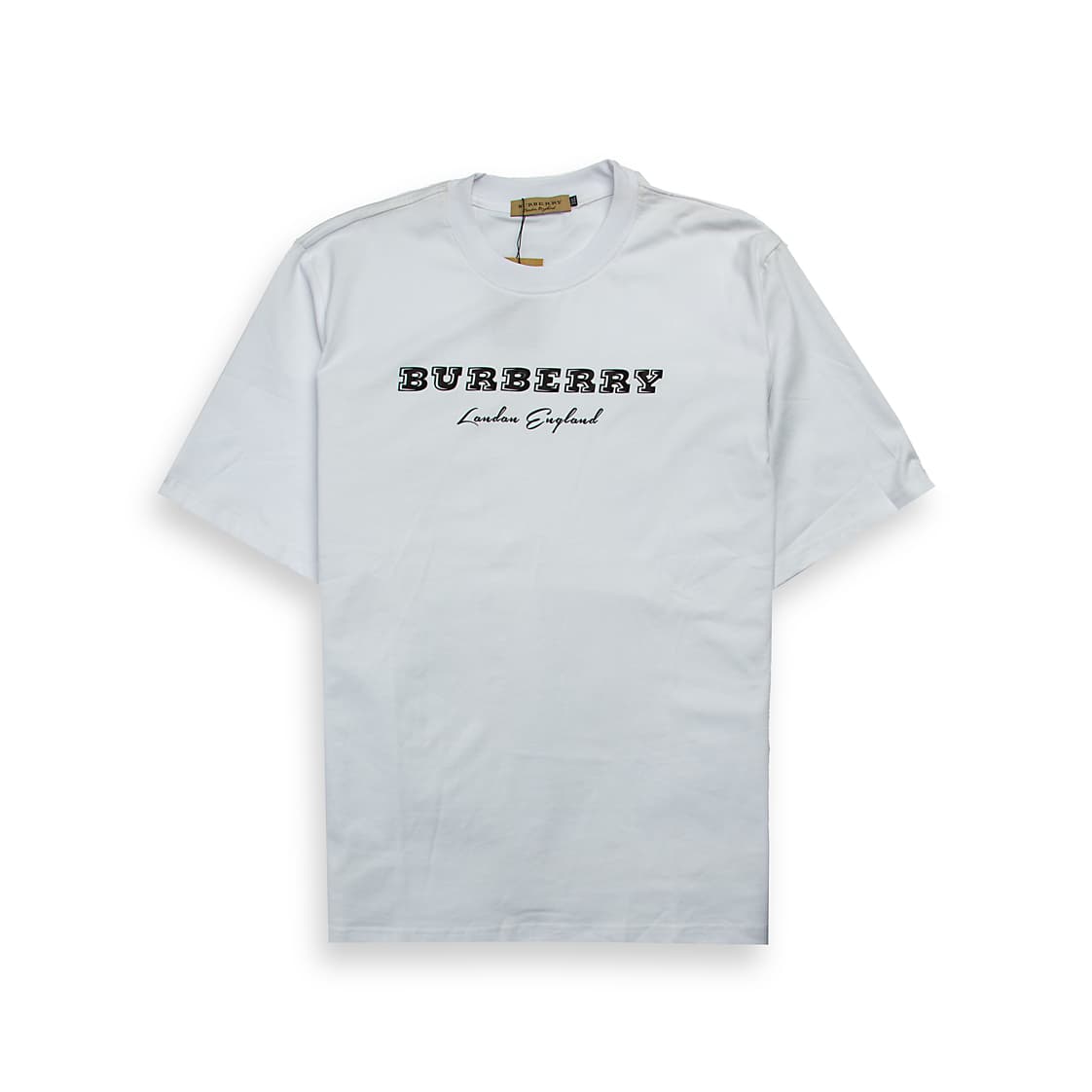 This is a classic white, short-sleeved, crew-neck t-shirt from the luxury fashion brand Burberry. 