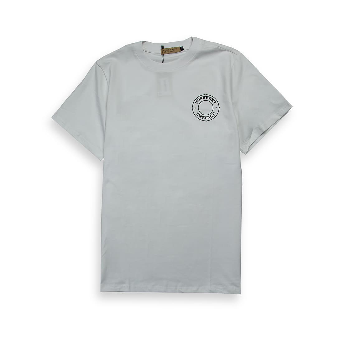 This is a classic white, short-sleeved, crew-neck t-shirt from the luxury fashion house Burberry.