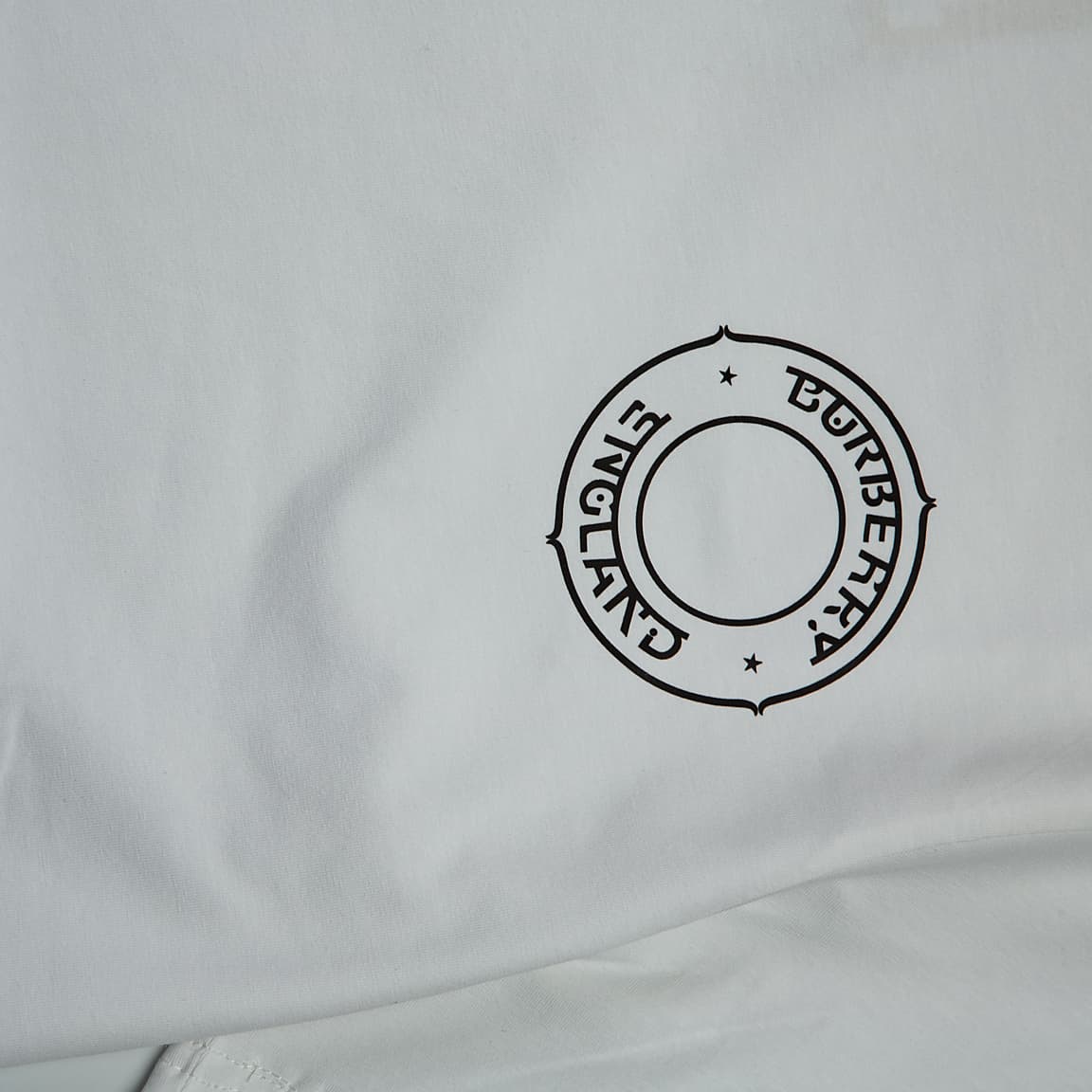 This is a classic white, short-sleeved, crew-neck t-shirt from the luxury fashion house Burberry.