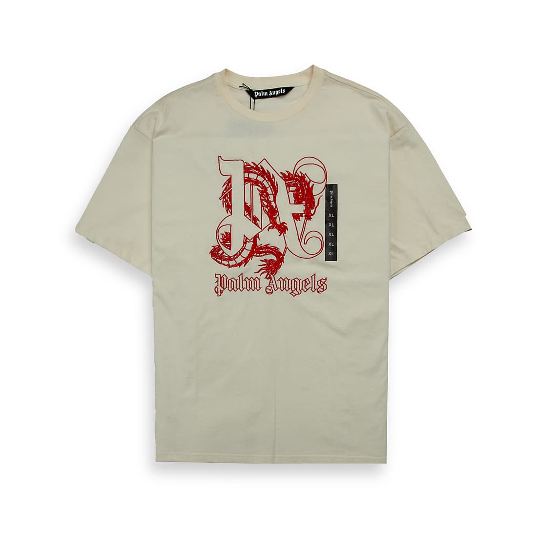 This is a cream/off-white, short-sleeved, crew-neck t-shirt from the streetwear luxury brand Palm Angels. 