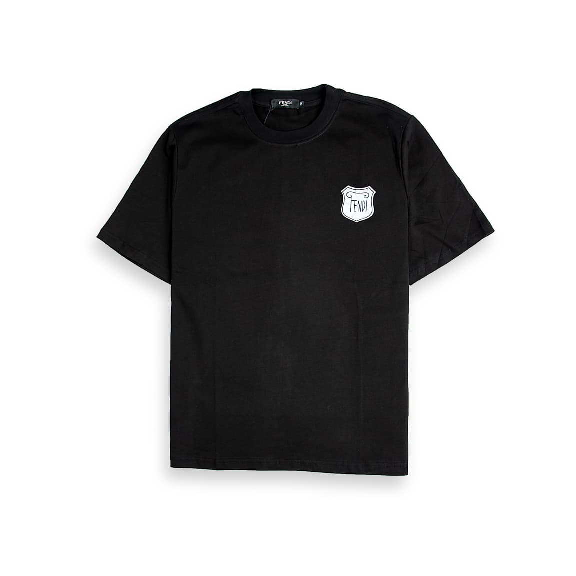 This is a classic black crew-neck t-shirt featuring a white, shield-shaped patch with the 'FENDI' logo displayed prominently on the chest. It's a versatile piece of designer casual wear.