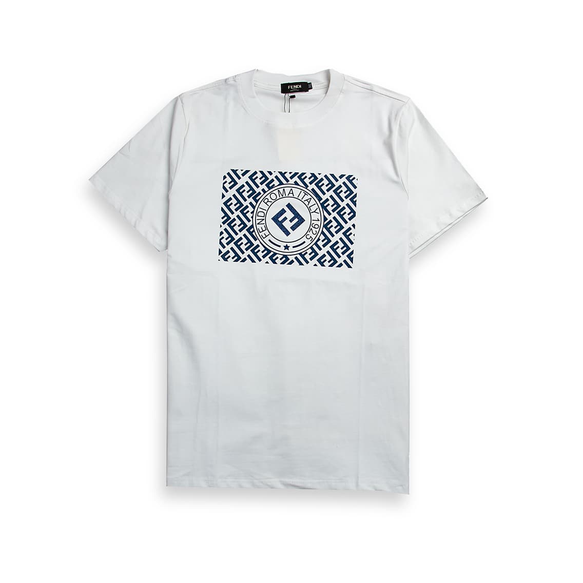  Celine bright blue cotton crewneck t-shirt with black arched CELINE PARIS logo print. Luxury unisex streetwear.