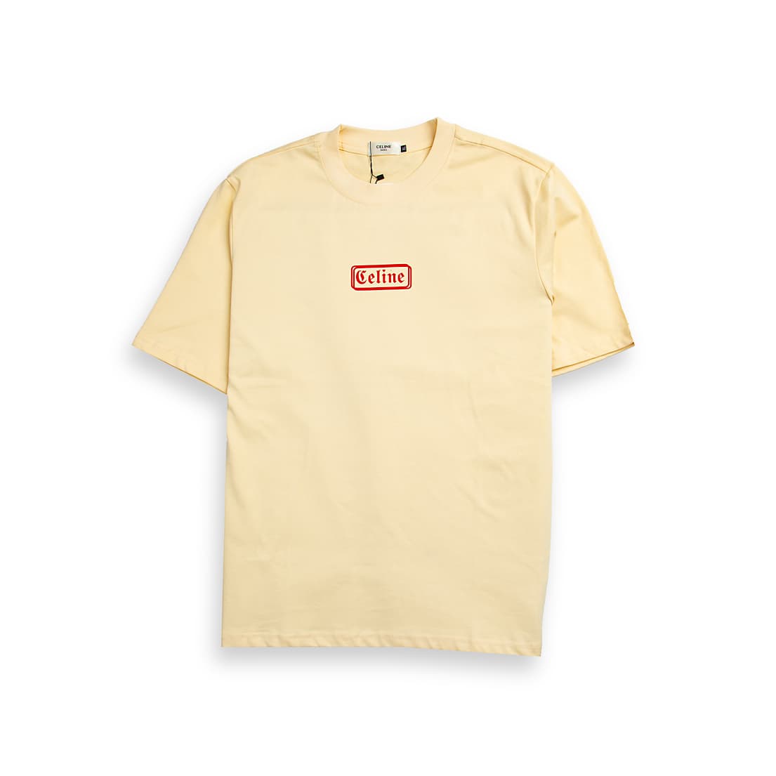 Celine Homme Pale Yellow Gothic Logo Embroidered T-shirt