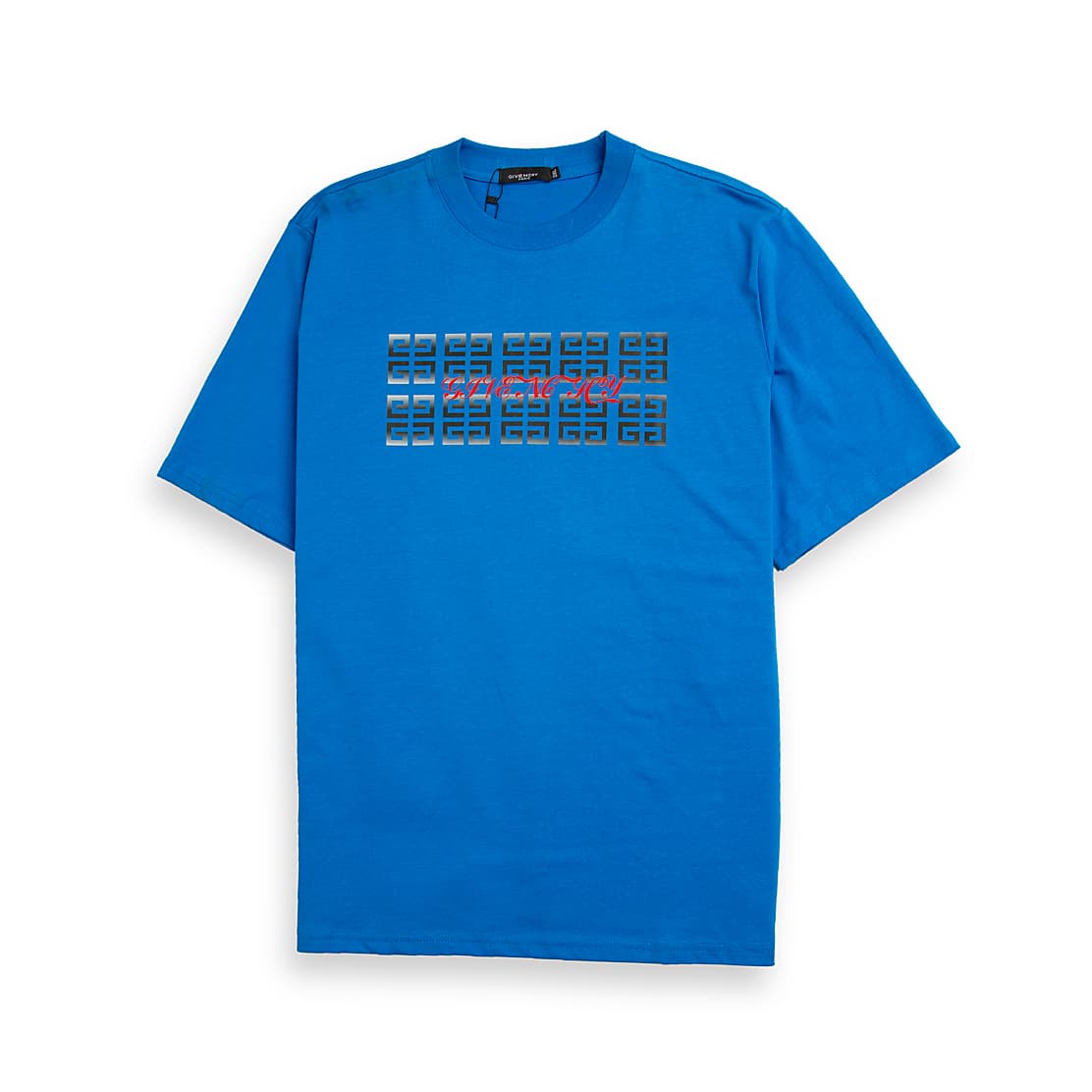 Bold cobalt blue t-shirt with a unique digital matrix graphic logo in red and metallic grey. Made from soft cotton, offering a modern, relaxed streetwear fit.