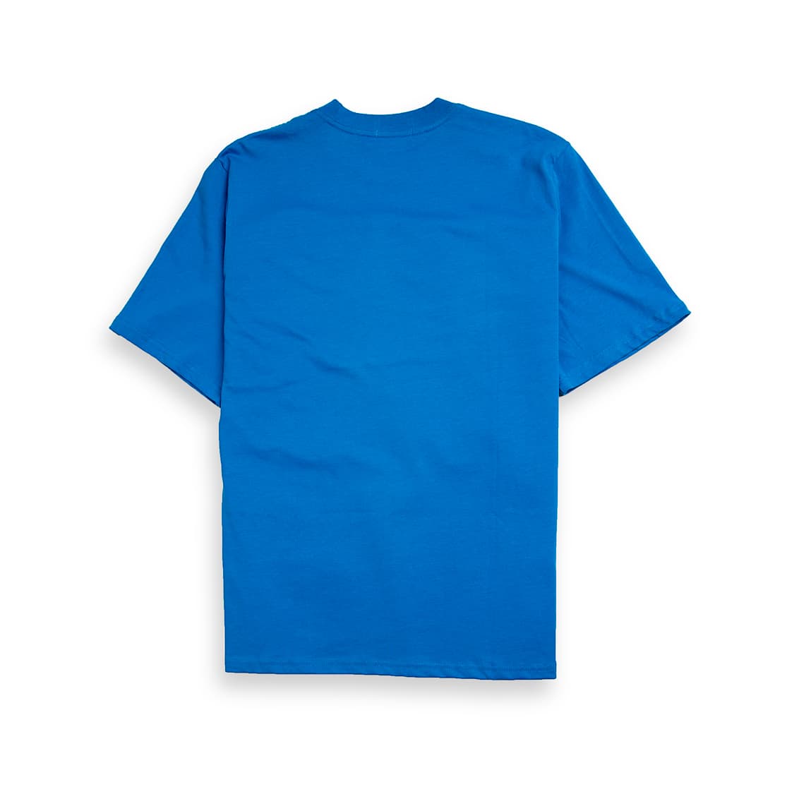 Bold cobalt blue t-shirt with a unique digital matrix graphic logo in red and metallic grey.