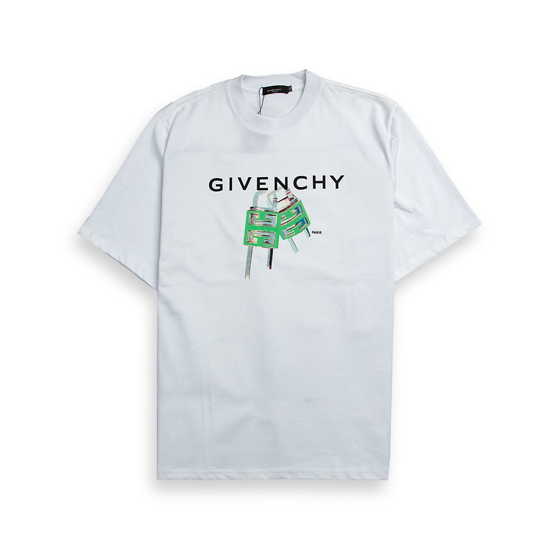 White Givenchy unisex cotton T-shirt with black logo and multicolor graphic print on the chest.