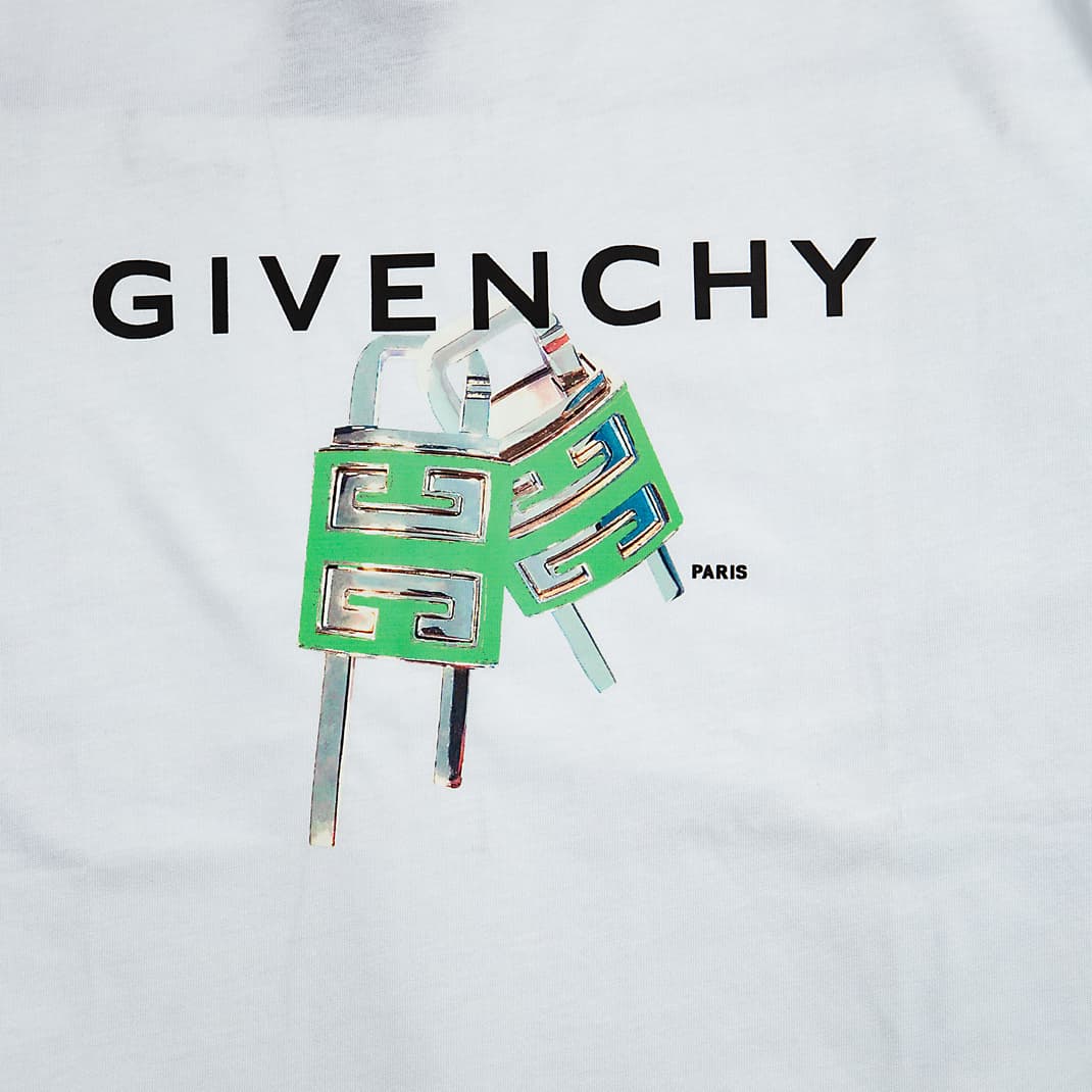 White Givenchy unisex cotton T-shirt with black logo and multicolor graphic print on the chest.
